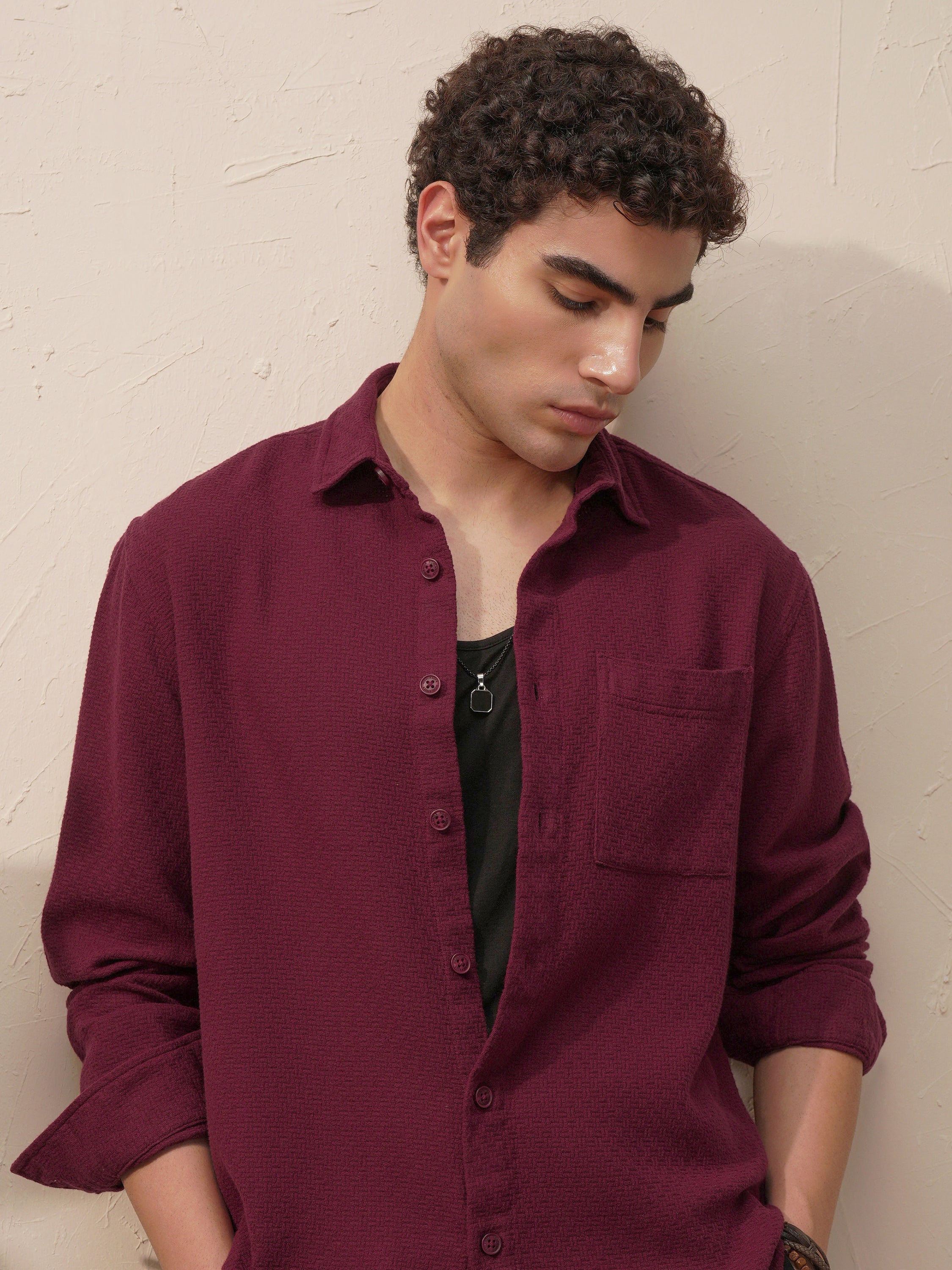 Highlander Men Burgundy Self Design Relaxed Fit Casual Shirt - Burgundy - Image 1