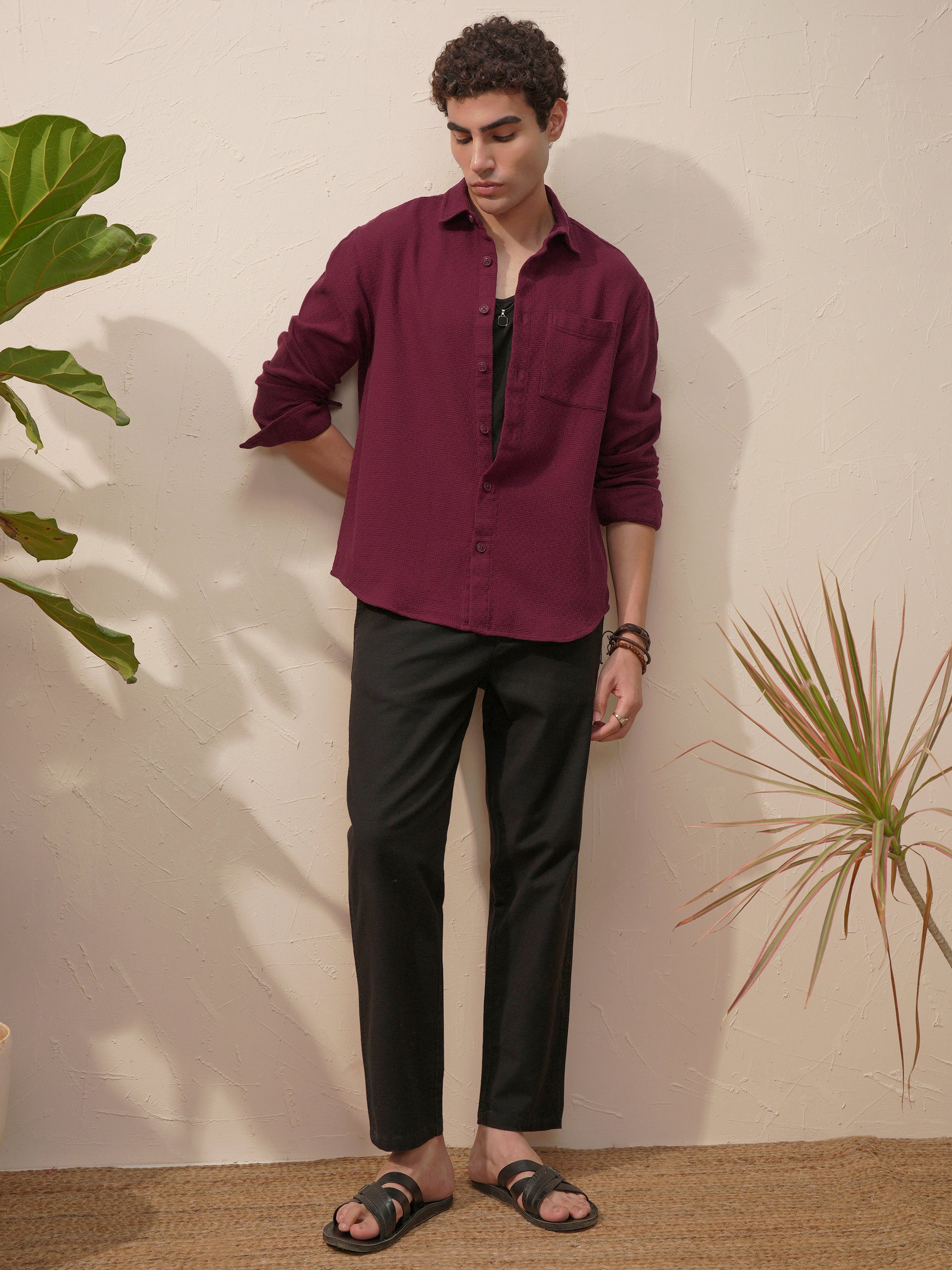 Highlander Men Burgundy Self Design Relaxed Fit Casual Shirt - Burgundy - Image 2