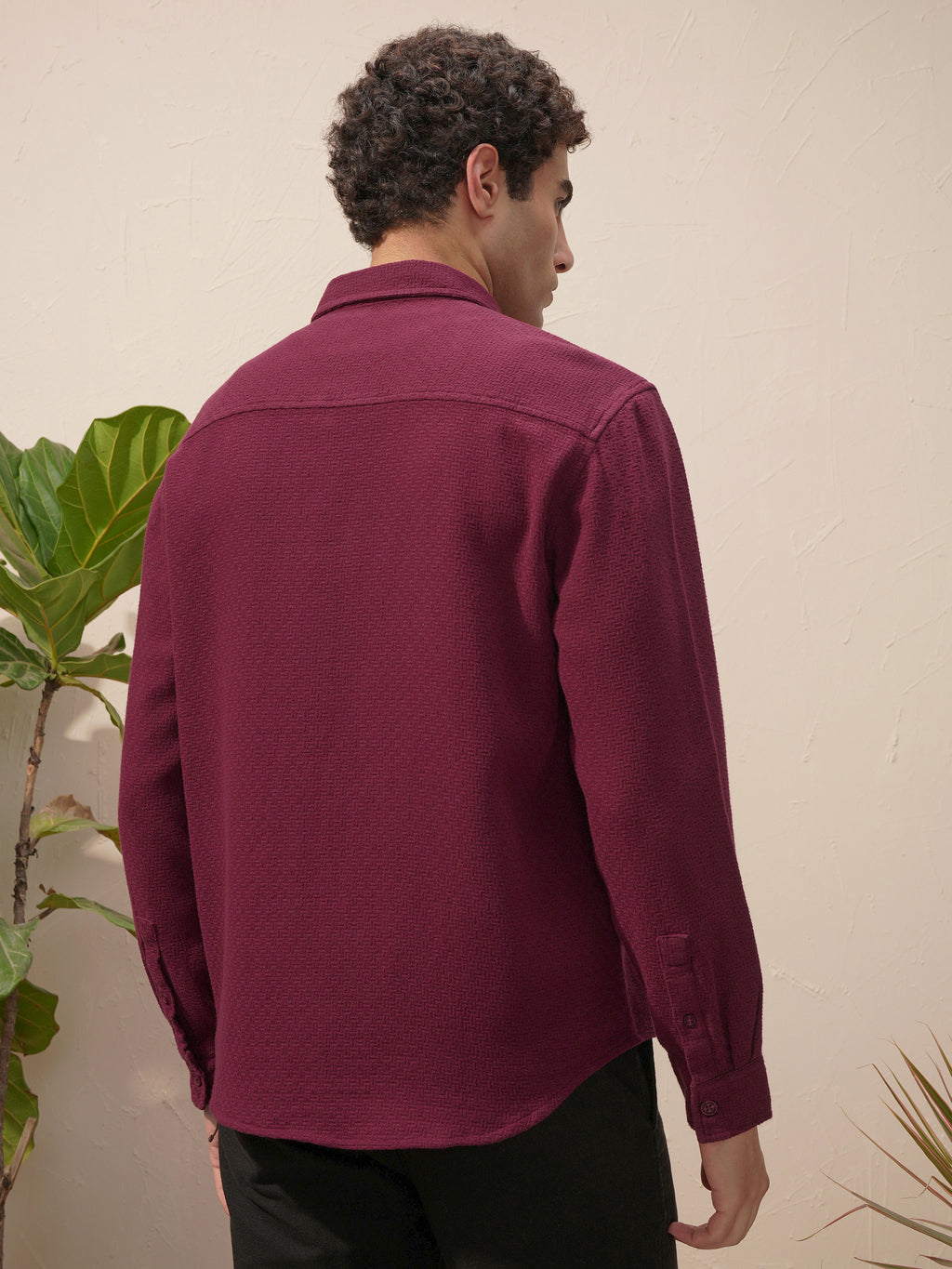 Highlander Men Burgundy Self Design Relaxed Fit Casual Shirt - Burgundy - Image 3