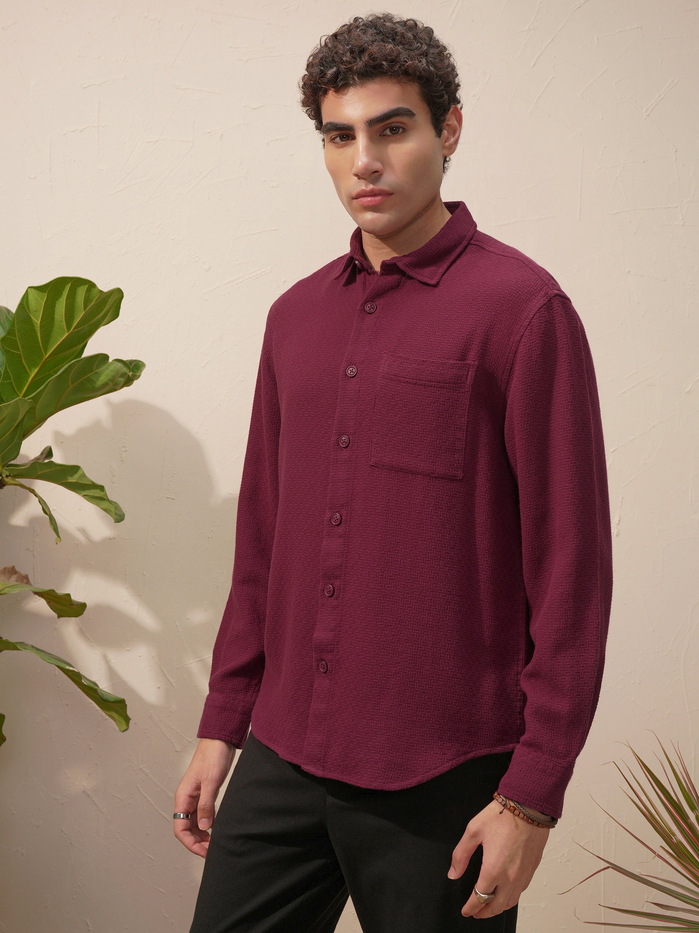 Highlander Men Burgundy Self Design Relaxed Fit Casual Shirt - Burgundy - Image 4