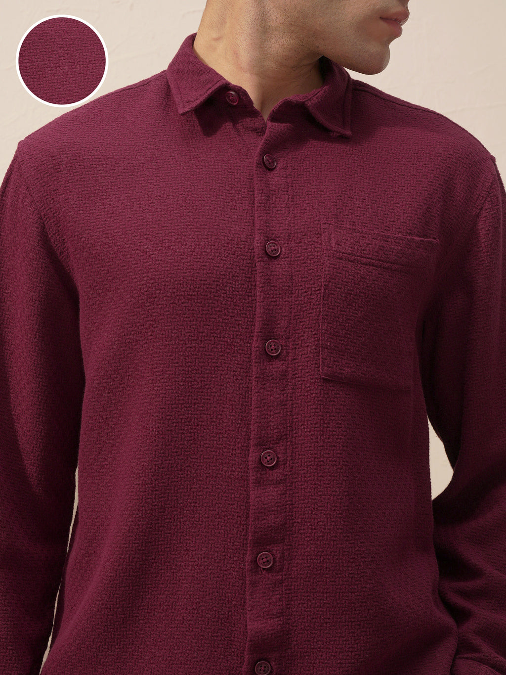 Highlander Men Burgundy Self Design Relaxed Fit Casual Shirt - Burgundy - Image 5
