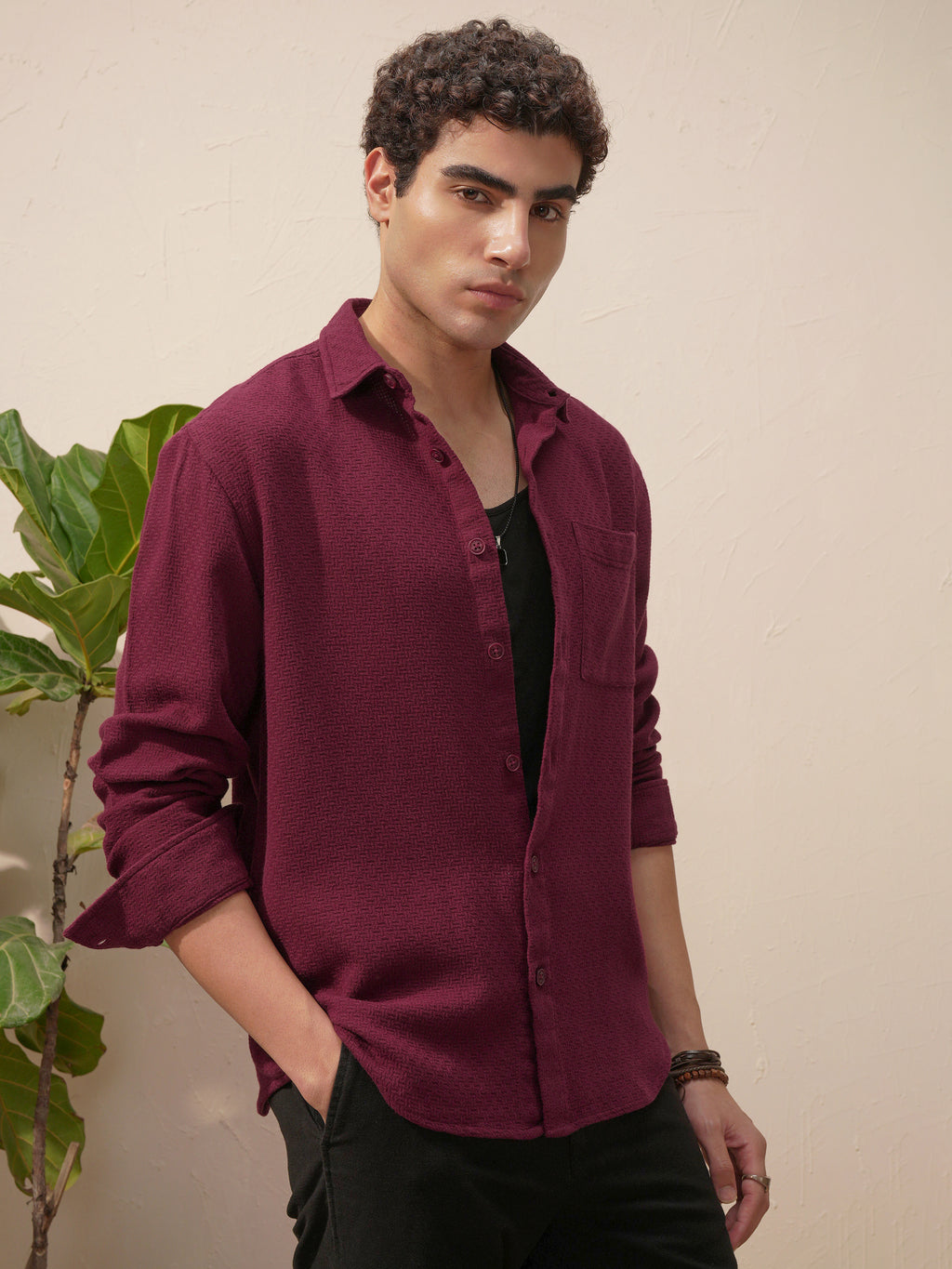 Highlander Men Burgundy Self Design Relaxed Fit Casual Shirt - Burgundy - Image 6