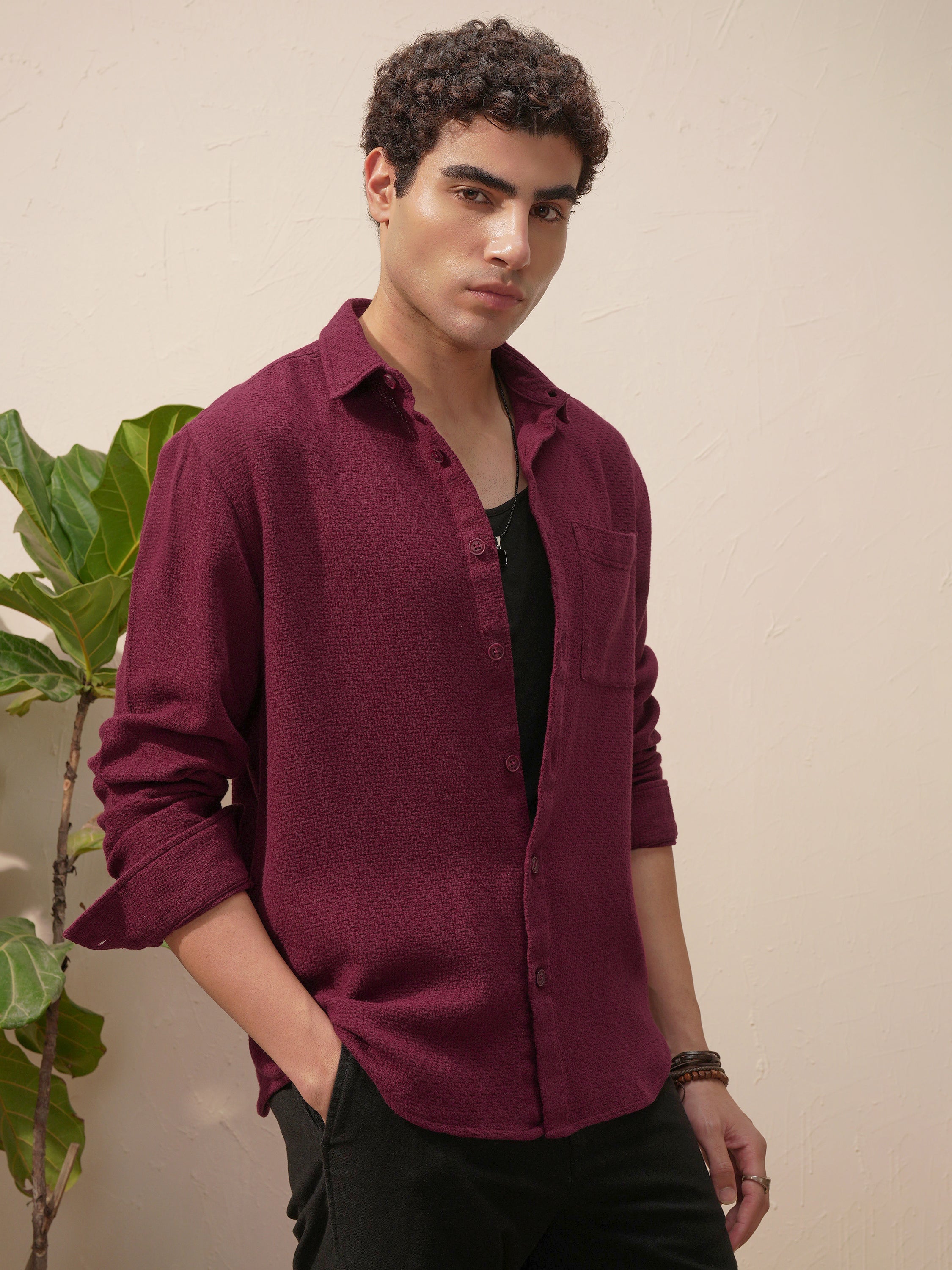 Highlander Men Burgundy Self Design Relaxed Fit Casual Shirt - Burgundy - Image 6