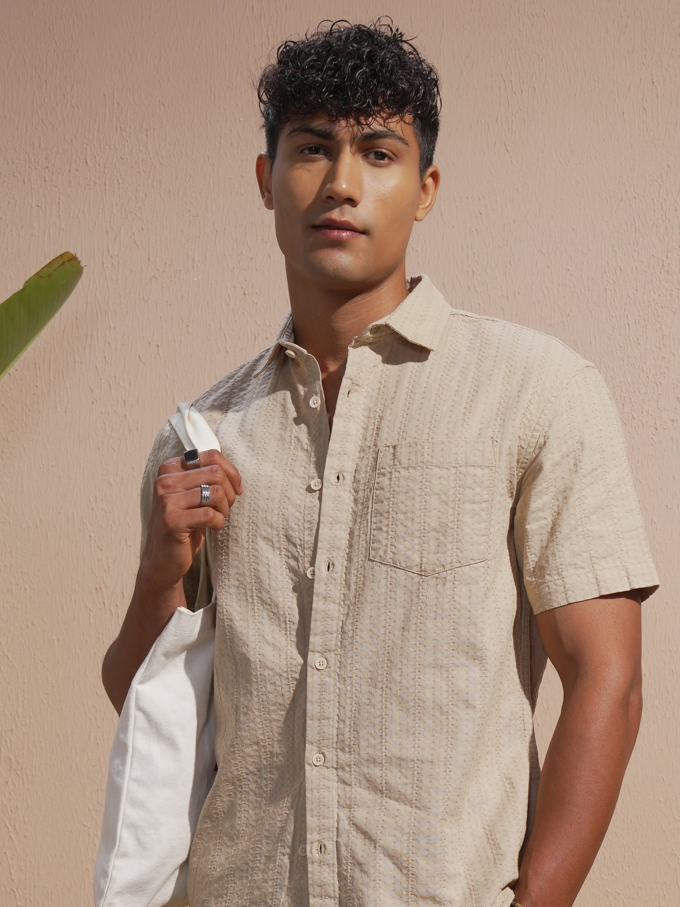 Highlander Men Beige Self Design Relaxed Fit Casual Shirt - Beige - Image 1