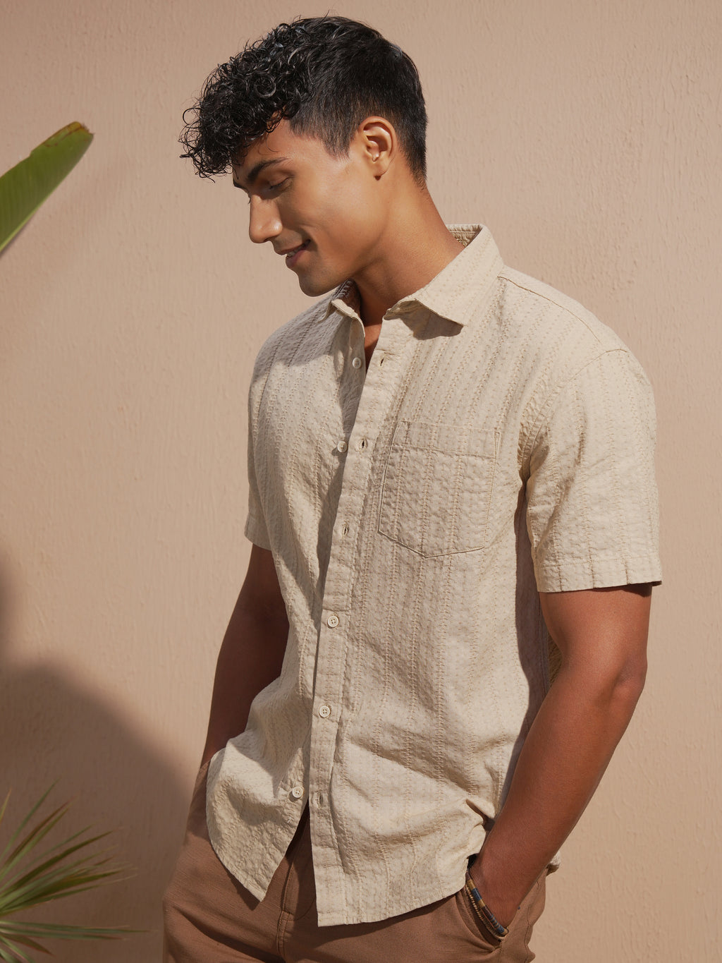 Highlander Men Beige Self Design Relaxed Fit Casual Shirt - Beige - Image 4