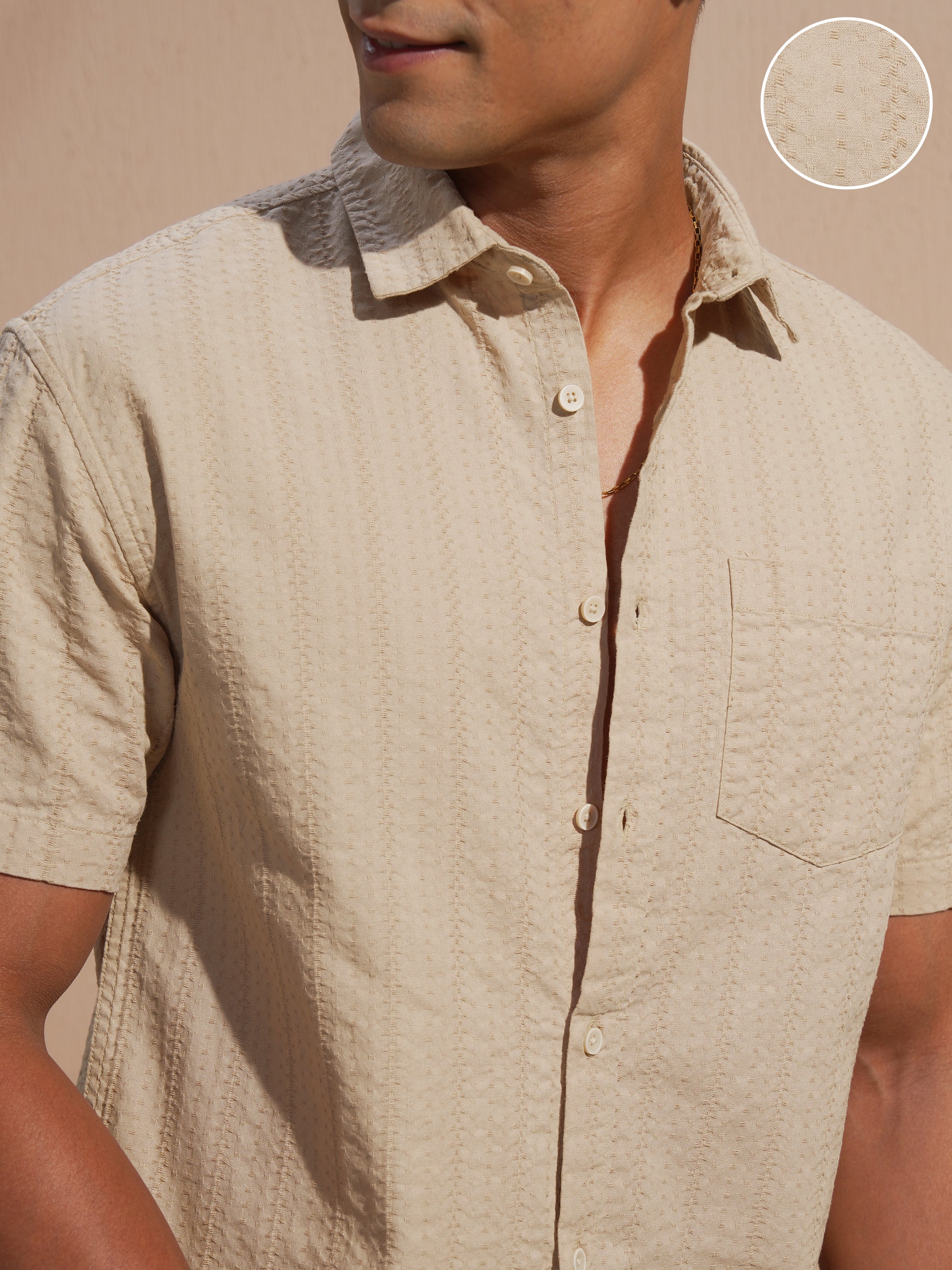 Highlander Men Beige Self Design Relaxed Fit Casual Shirt - Beige - Image 5
