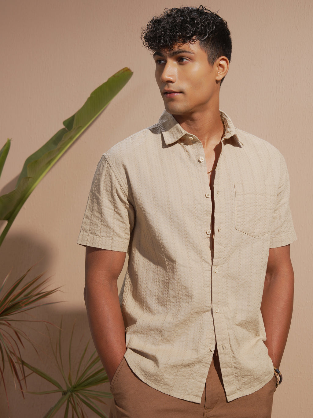 Highlander Men Beige Self Design Relaxed Fit Casual Shirt - Beige - Image 6