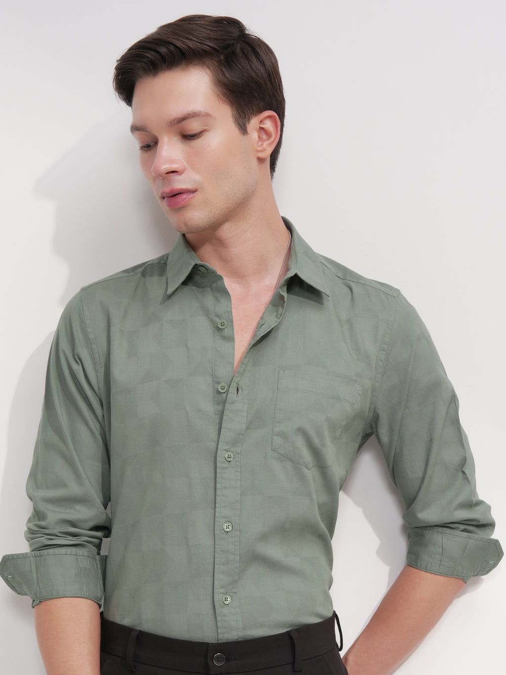 Highlander Men Green Self Design Slim Fit Casual Shirt - Green - Image 1
