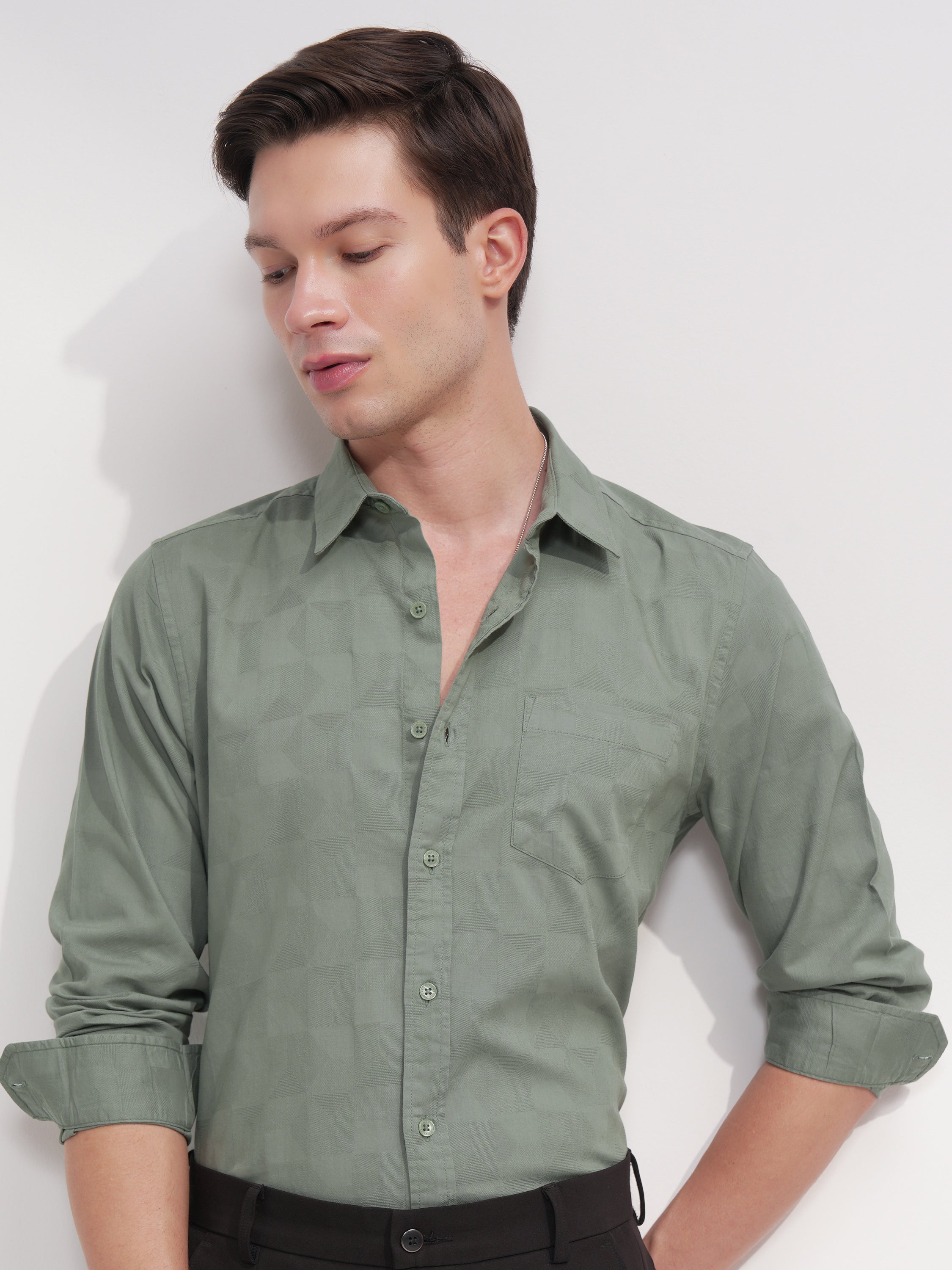 Highlander Men Green Self Design Slim Fit Casual Shirt - Green - Image 1