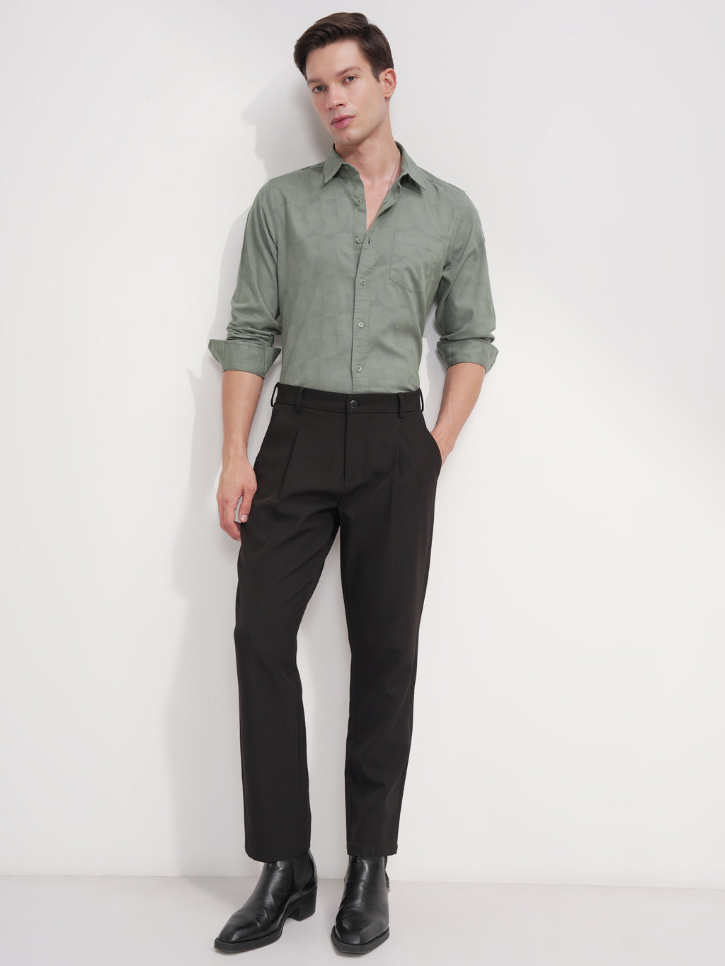 Highlander Men Green Self Design Slim Fit Casual Shirt - Green - Image 2