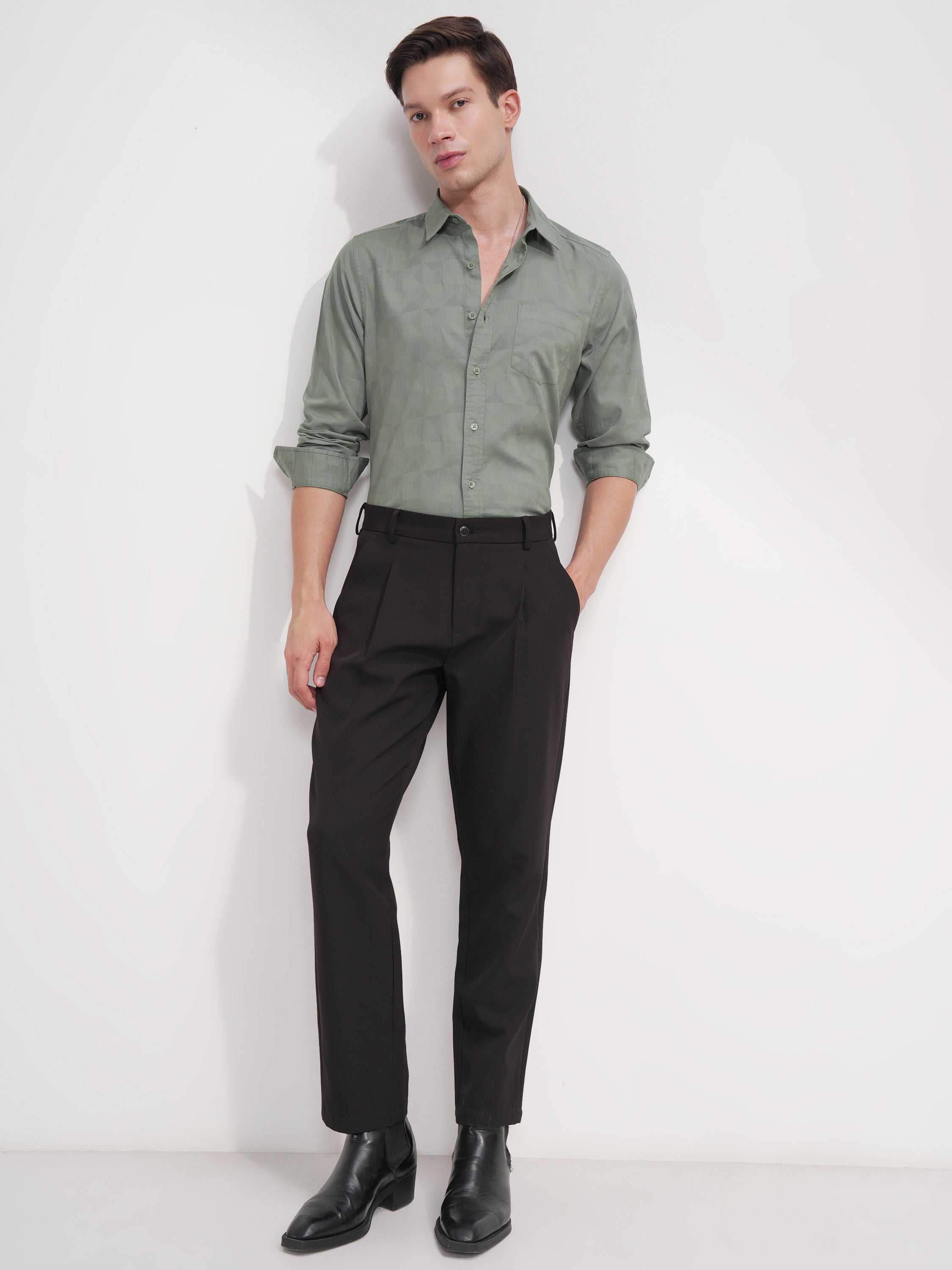 Highlander Men Green Self Design Slim Fit Casual Shirt - Green - Image 2