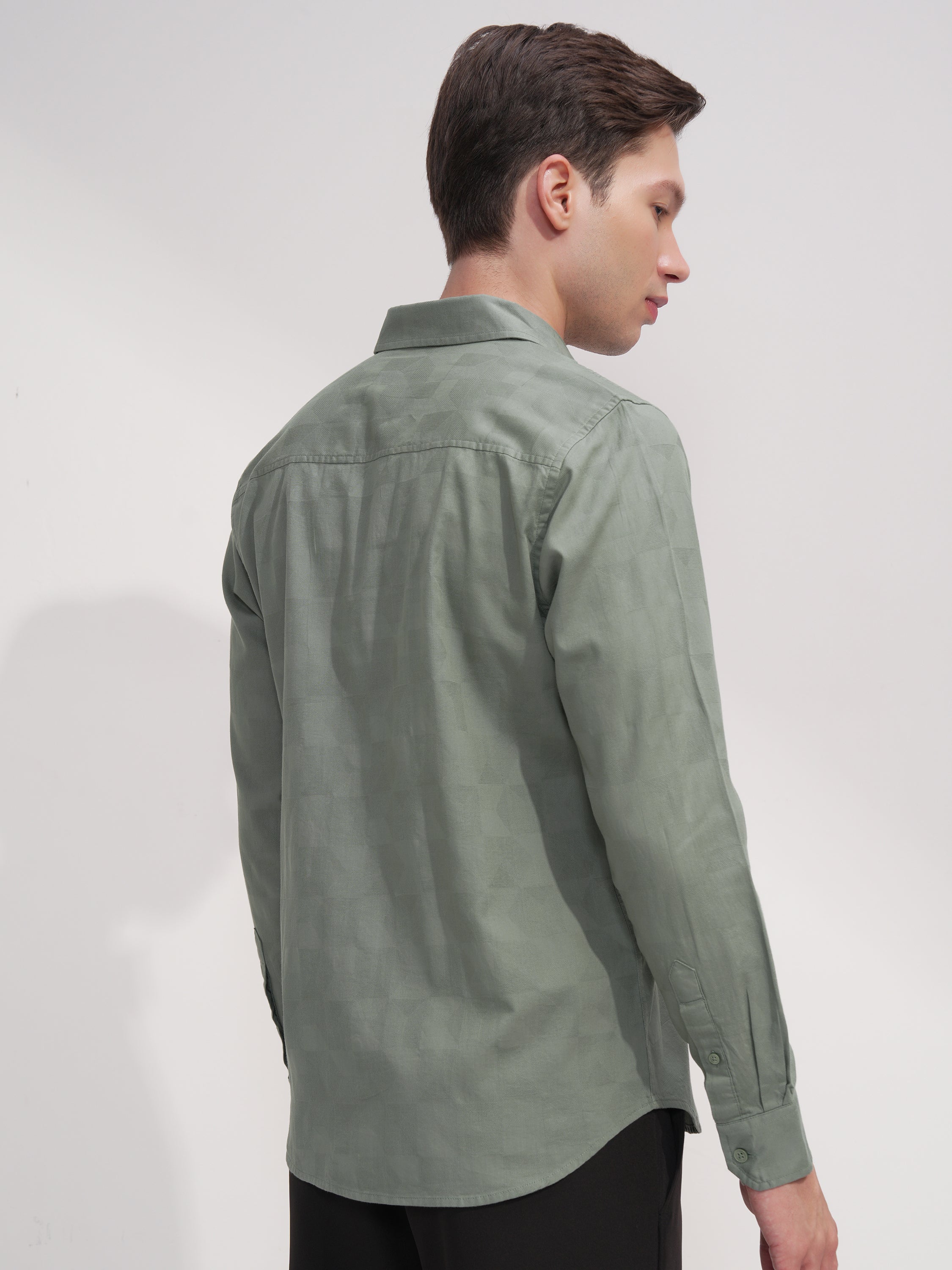 Highlander Men Green Self Design Slim Fit Casual Shirt - Green - Image 3