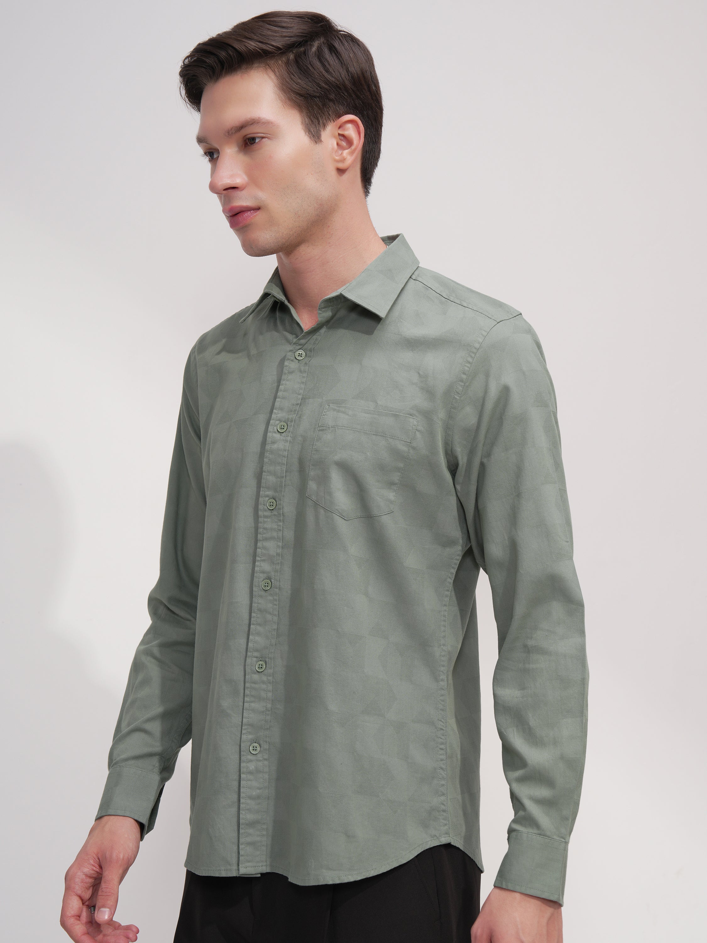 Highlander Men Green Self Design Slim Fit Casual Shirt - Green - Image 4