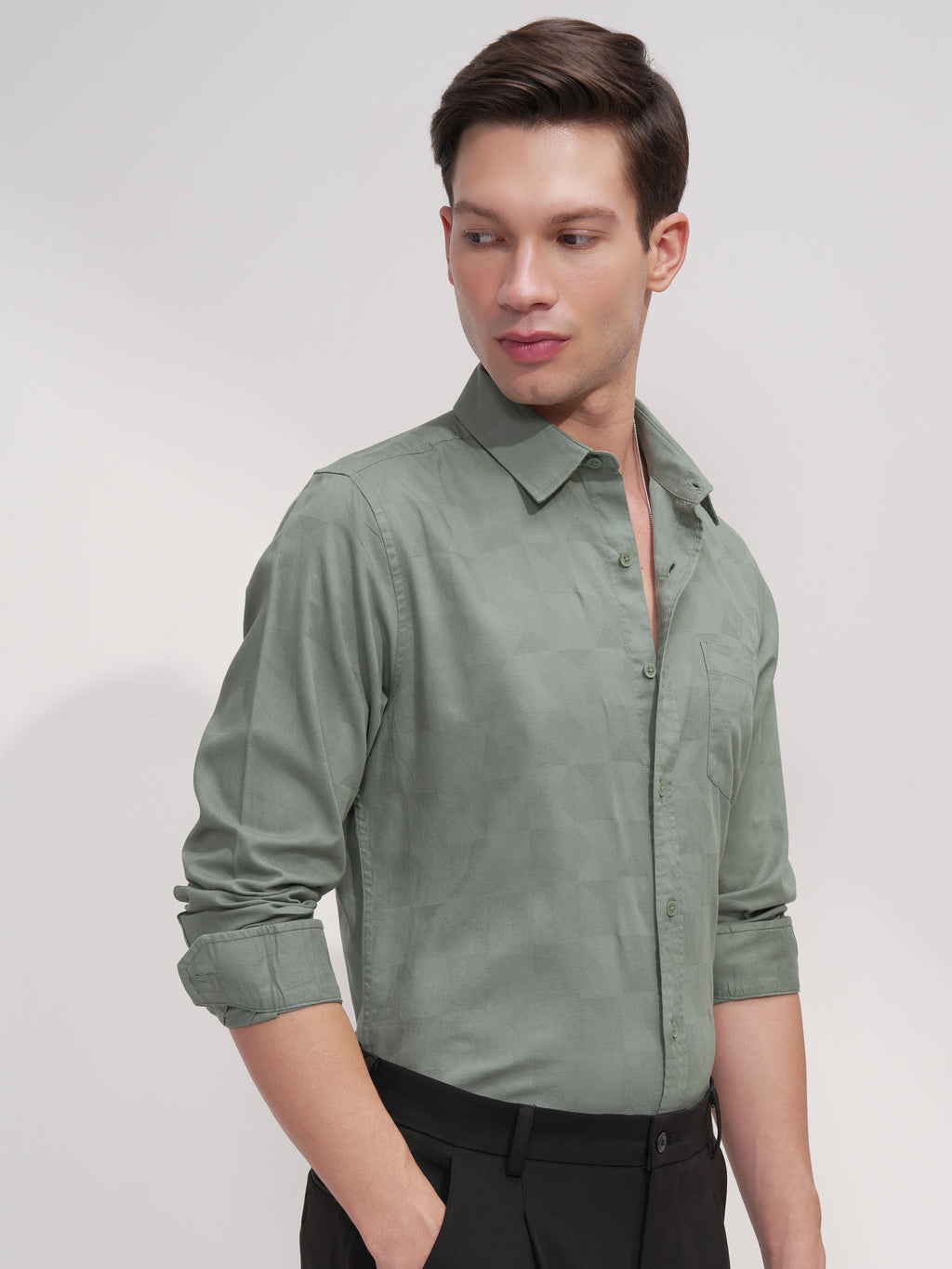 Highlander Men Green Self Design Slim Fit Casual Shirt - Green - Image 6