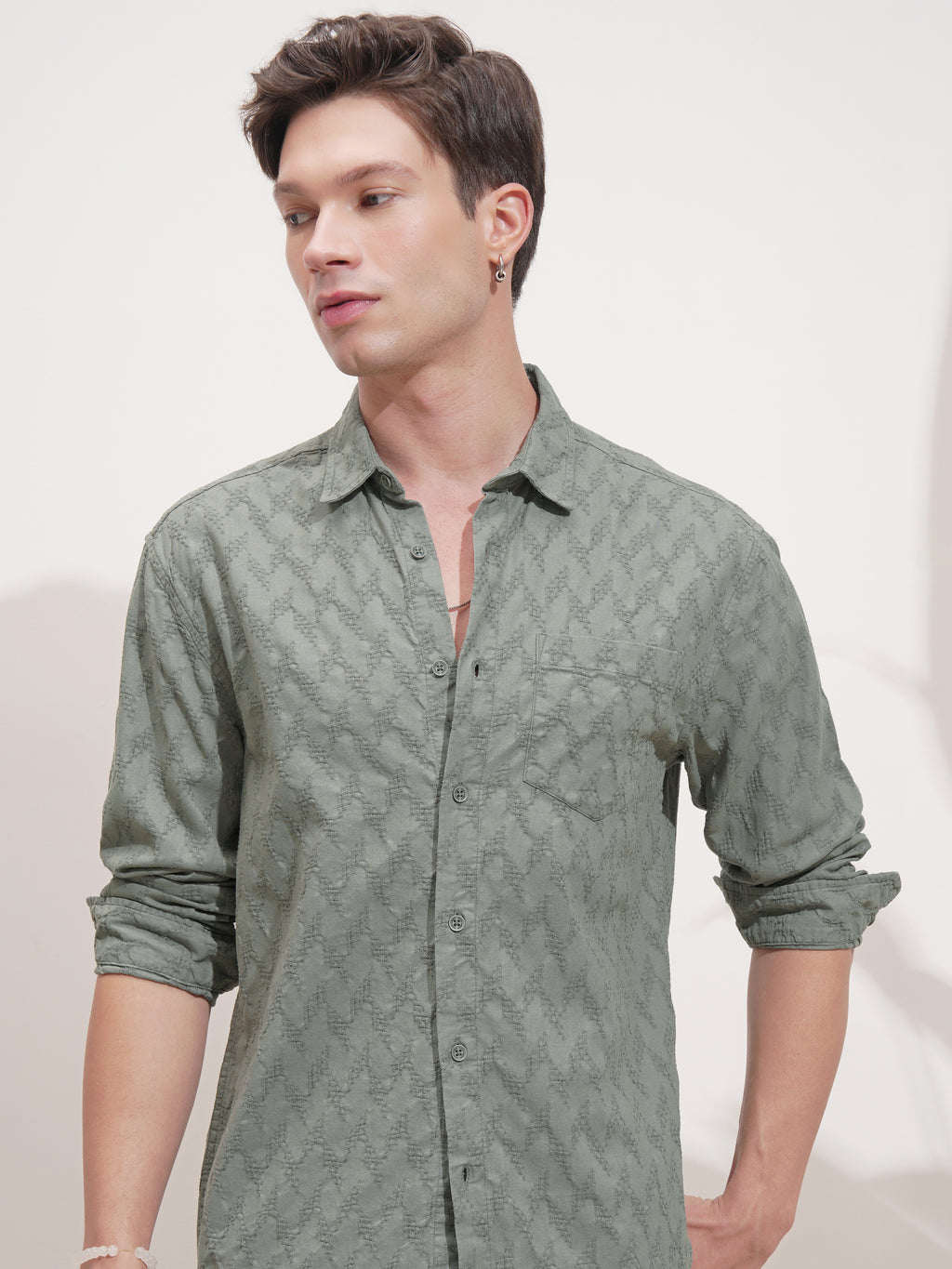 Highlander Men Green Self Design Relaxed Fit Casual Shirt - Green - Image 1