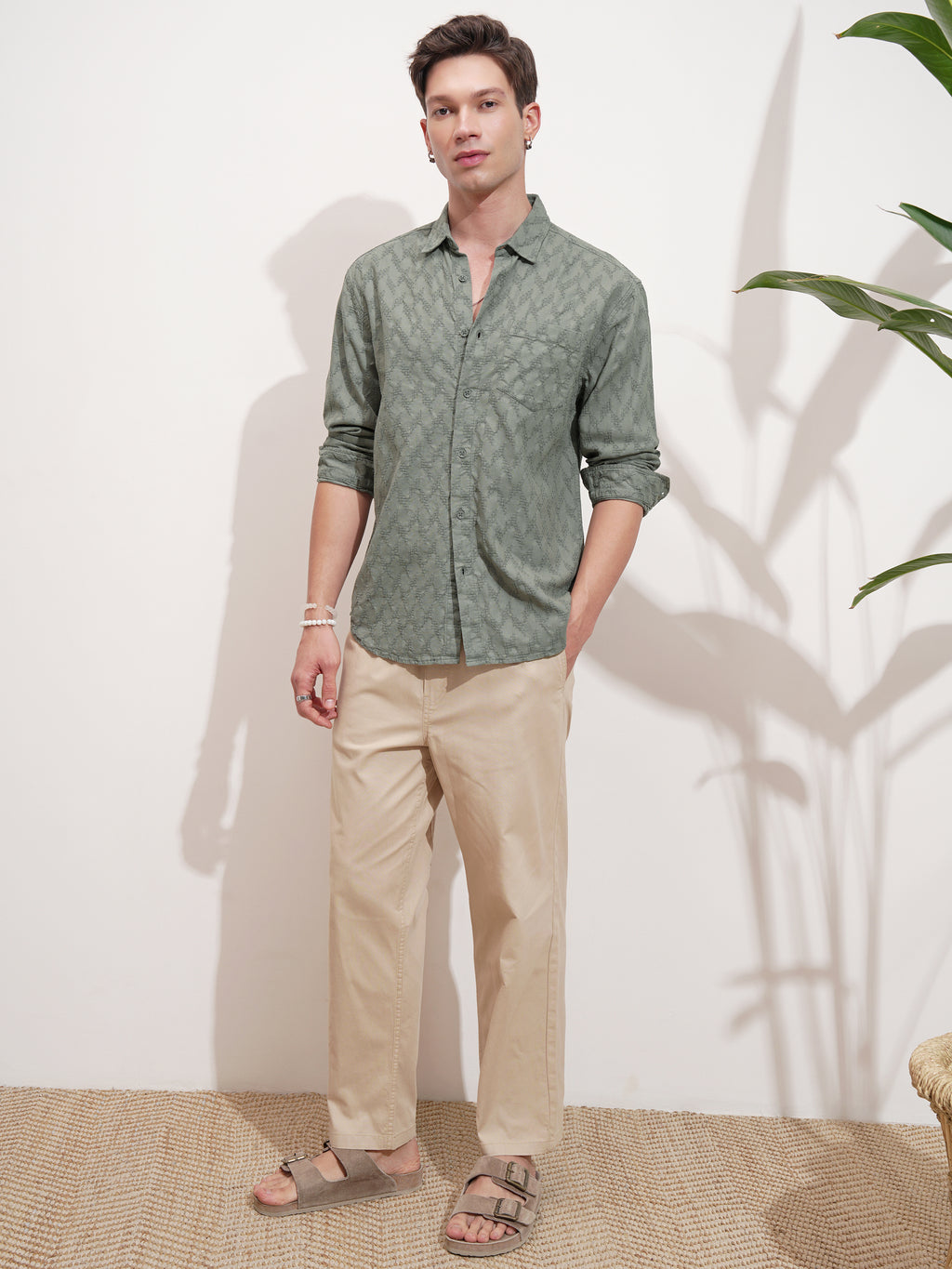 Highlander Men Green Self Design Relaxed Fit Casual Shirt - Green - Image 2