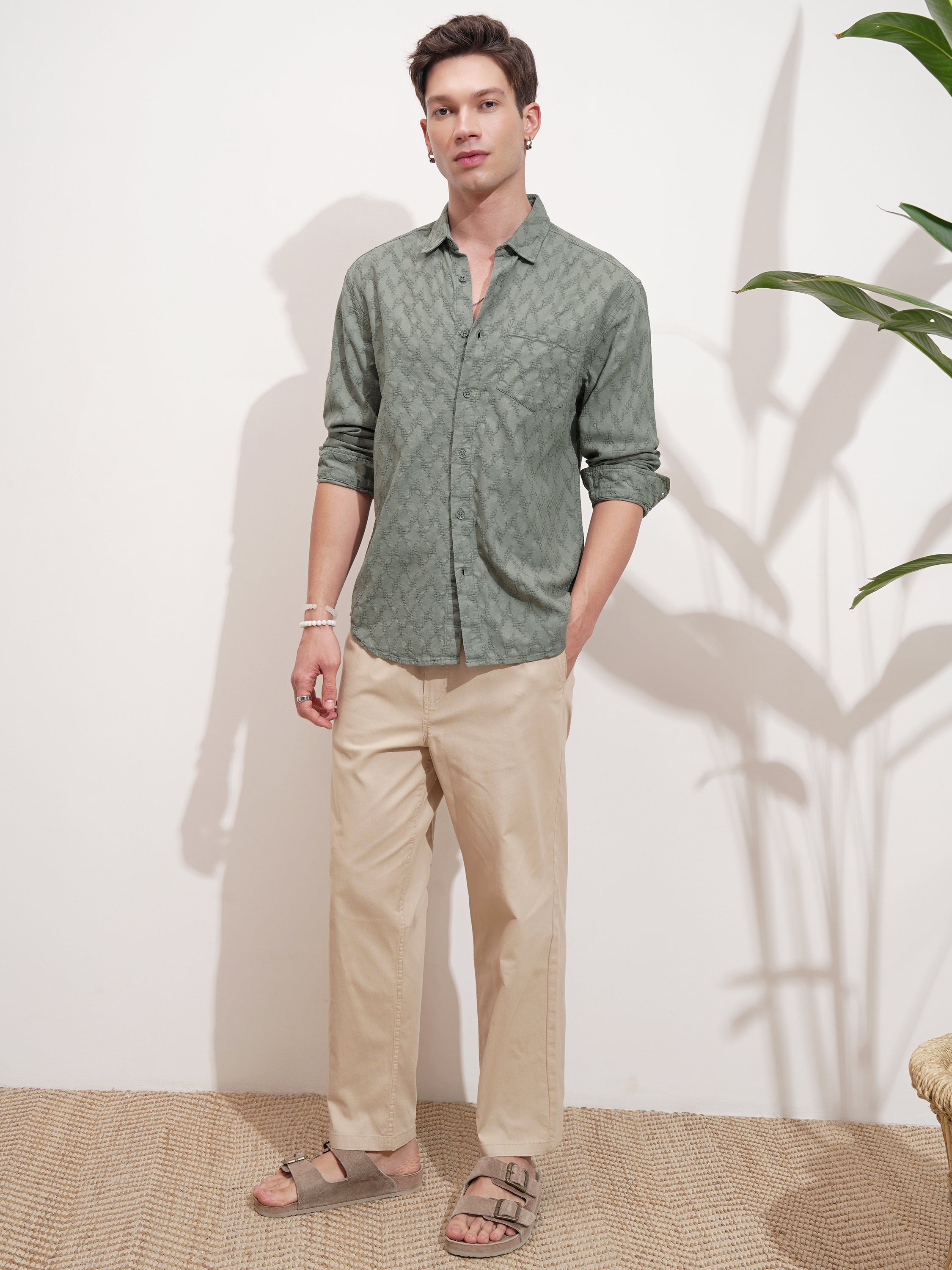 Highlander Men Green Self Design Relaxed Fit Casual Shirt - Green - Image 2
