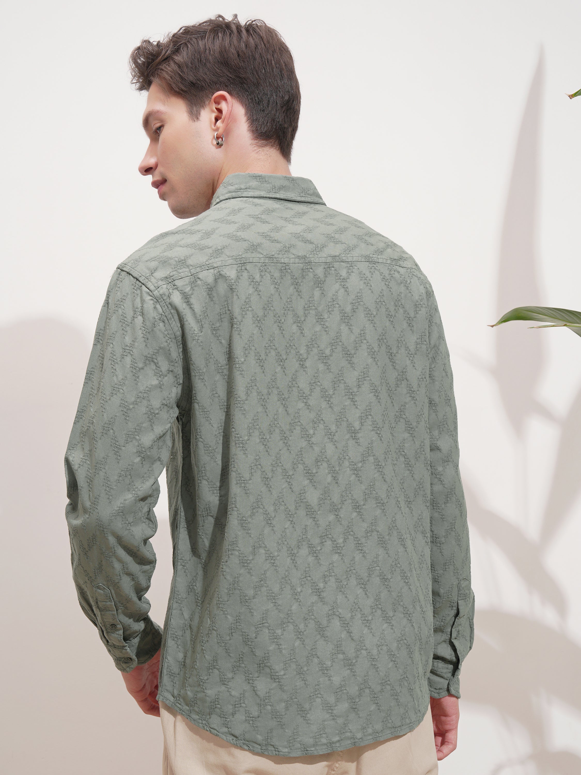 Highlander Men Green Self Design Relaxed Fit Casual Shirt - Green - Image 3