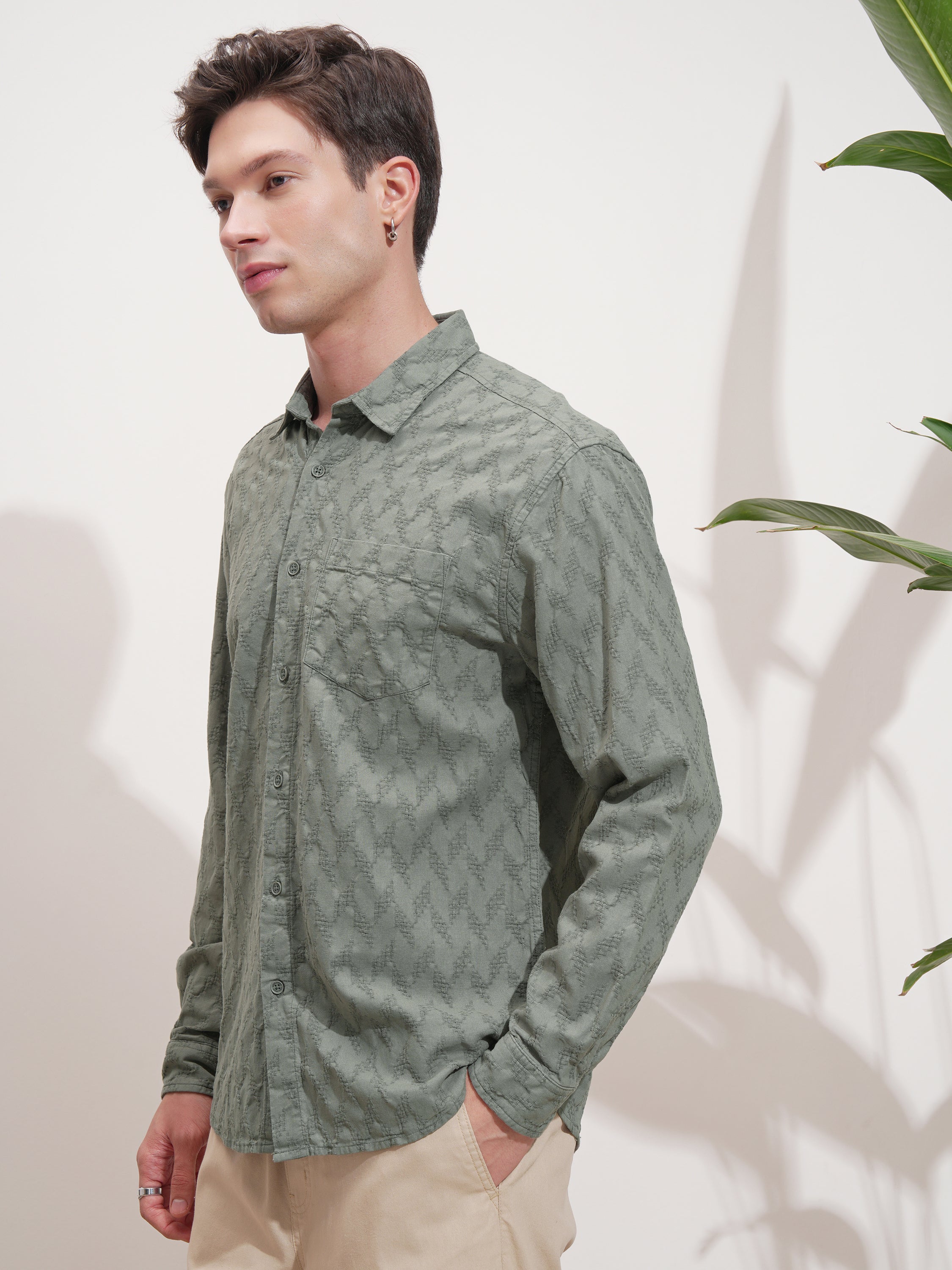Highlander Men Green Self Design Relaxed Fit Casual Shirt - Green - Image 4
