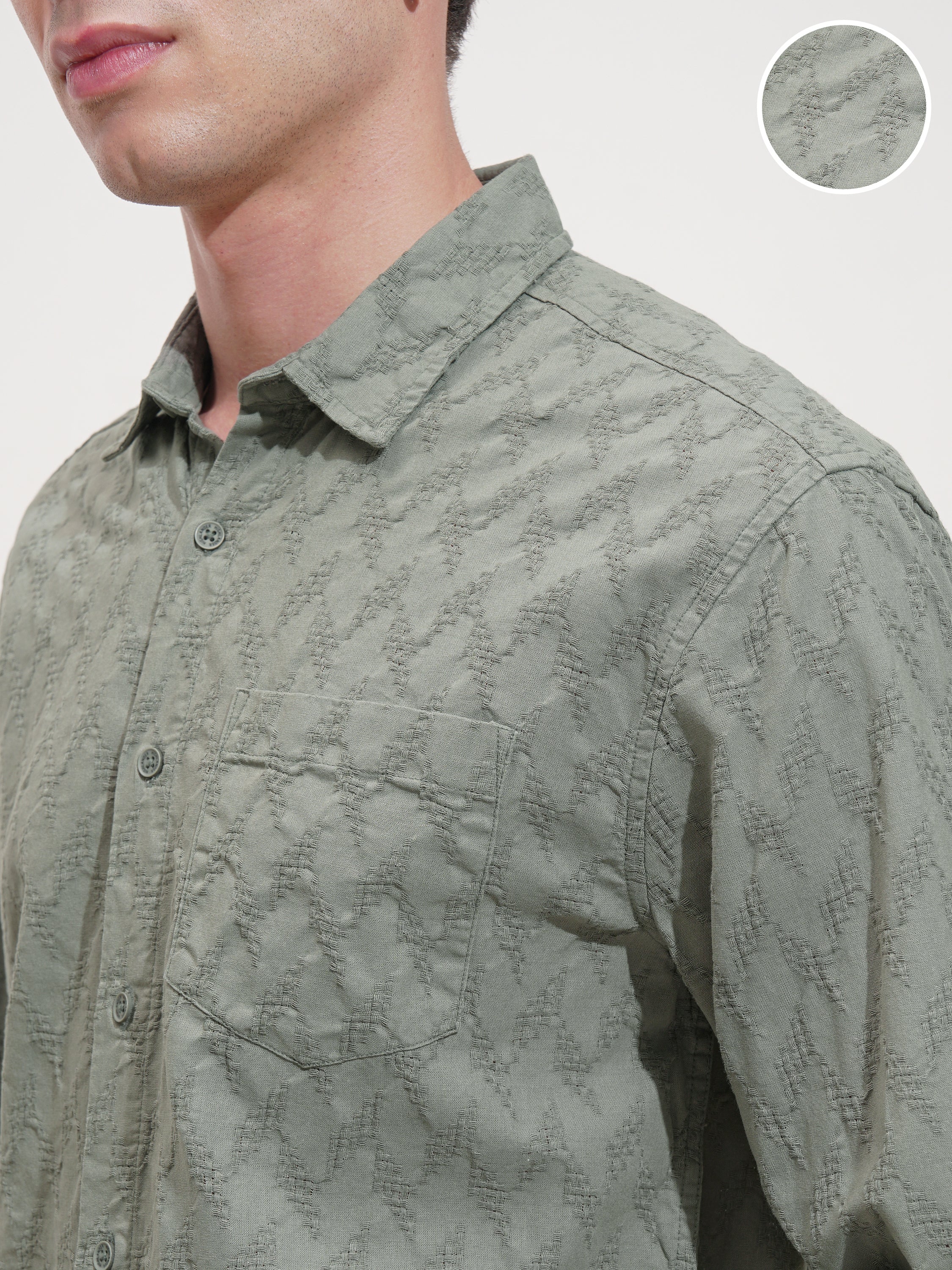 Highlander Men Green Self Design Relaxed Fit Casual Shirt - Green - Image 5