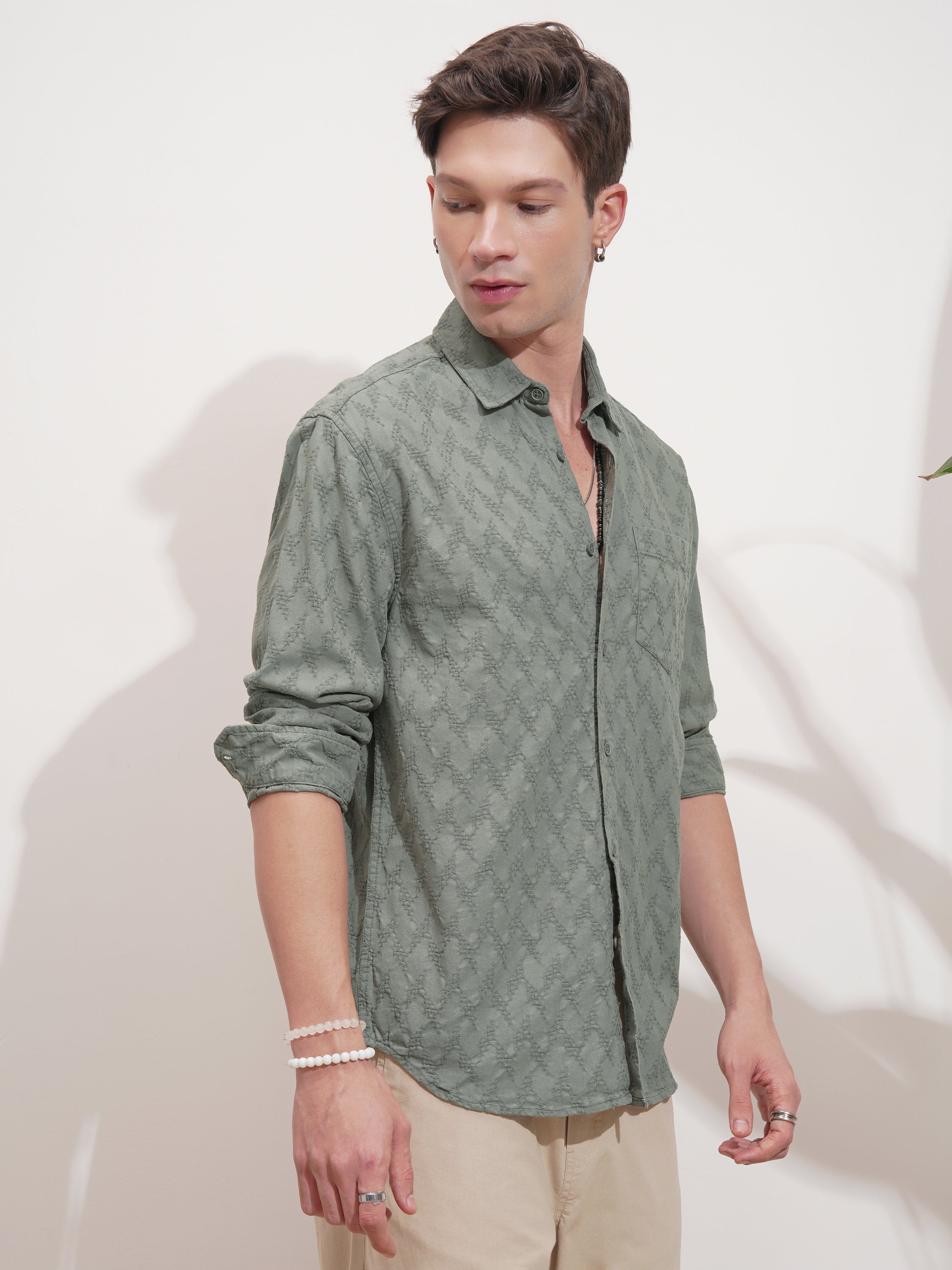 Highlander Men Green Self Design Relaxed Fit Casual Shirt - Green - Image 6