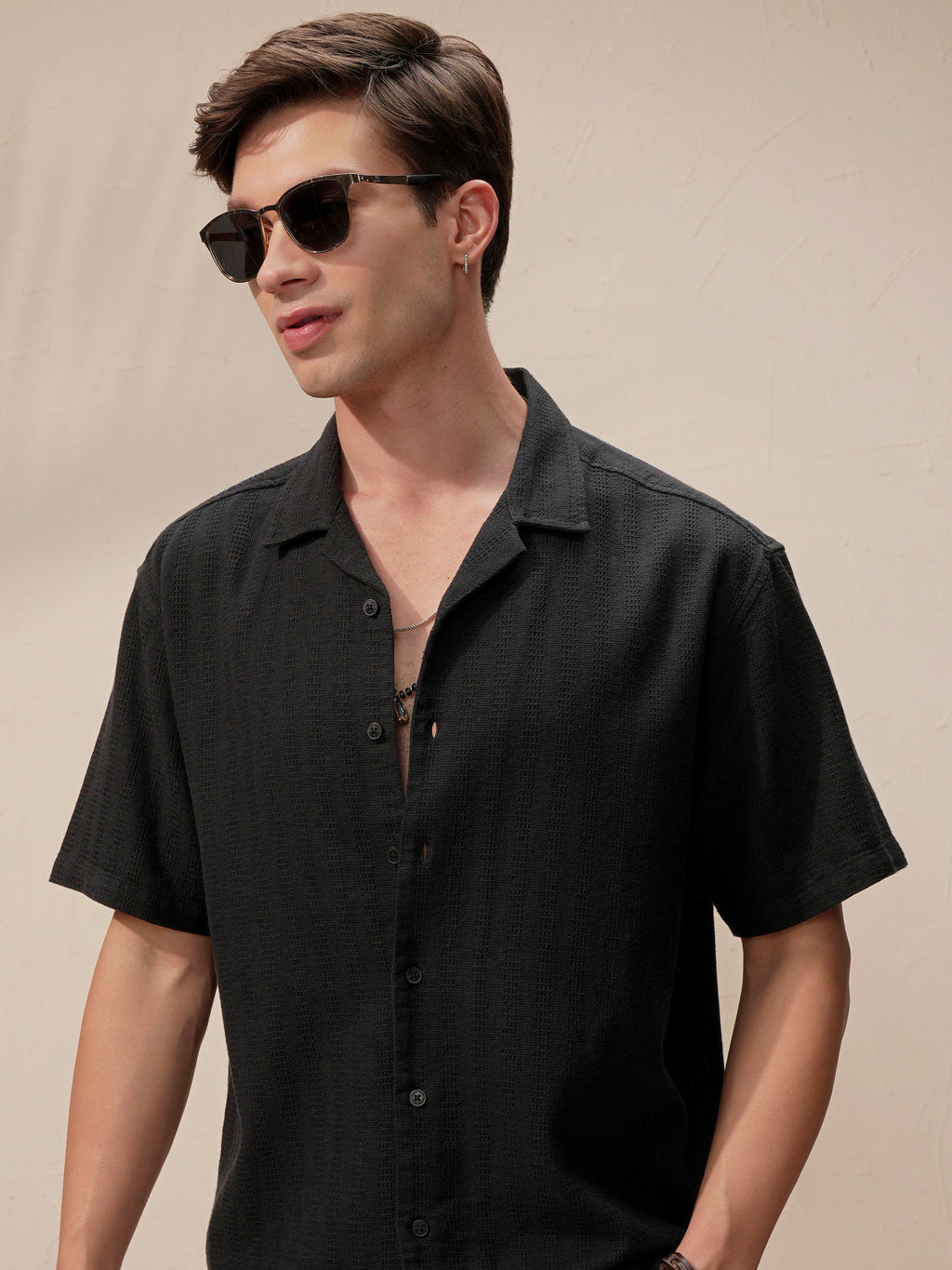 Highlander Men Black Self Design Relaxed Fit Casual Shirt - Black - Image 1