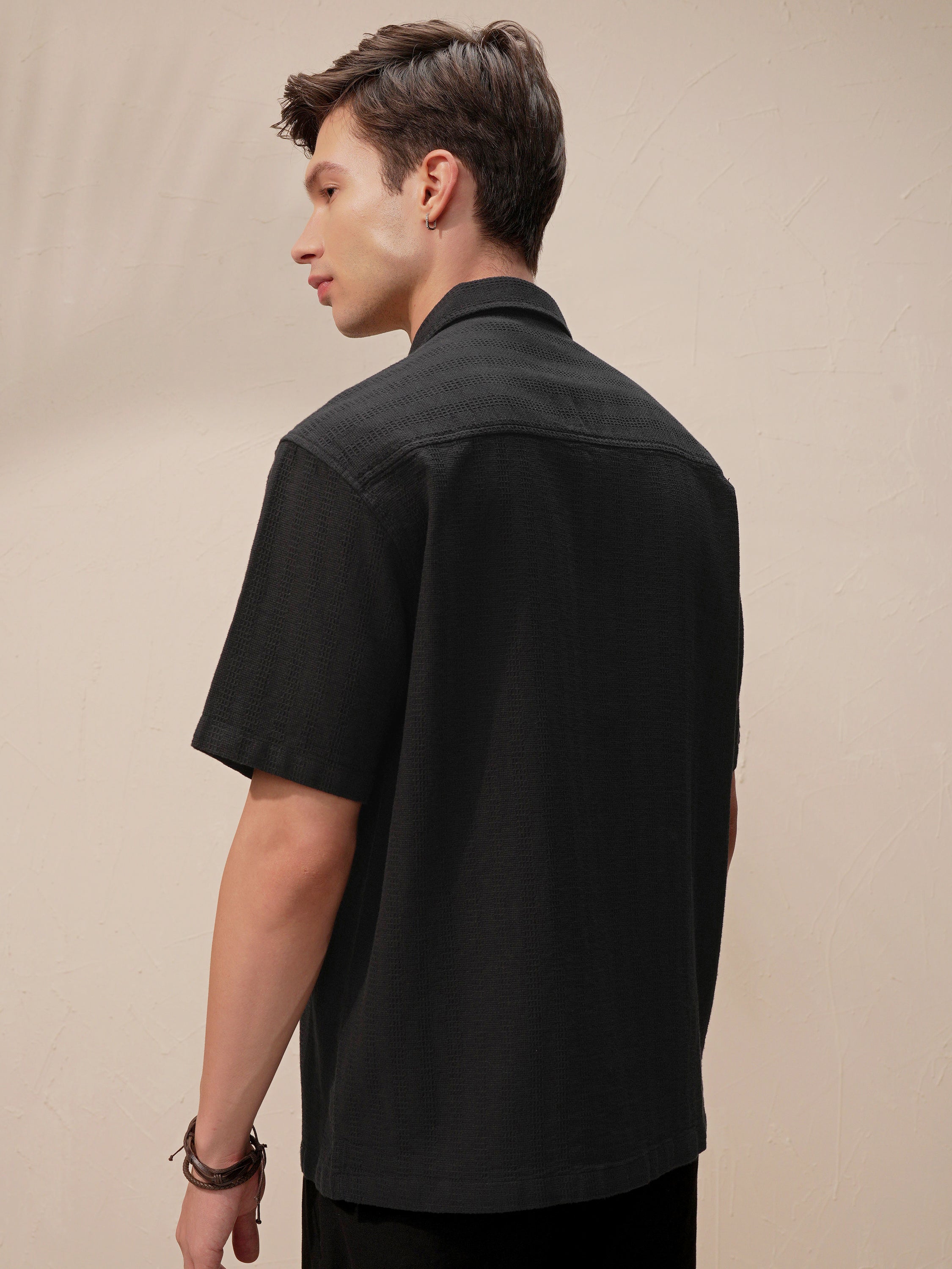 Highlander Men Black Self Design Relaxed Fit Casual Shirt - Black - Image 3