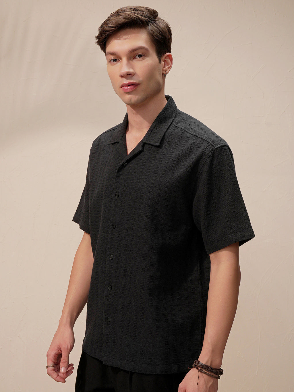 Highlander Men Black Self Design Relaxed Fit Casual Shirt - Black - Image 4