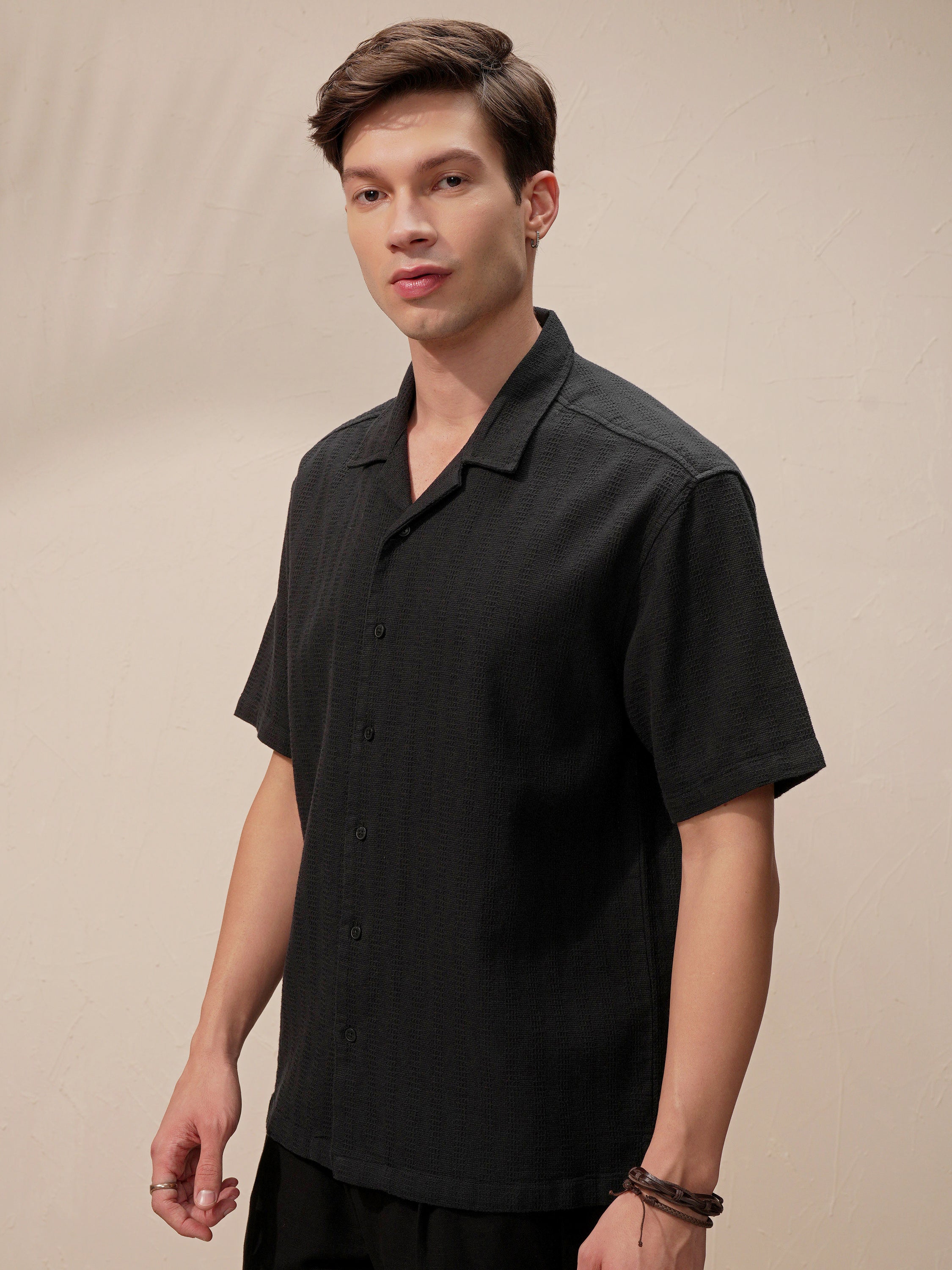 Highlander Men Black Self Design Relaxed Fit Casual Shirt - Black - Image 4