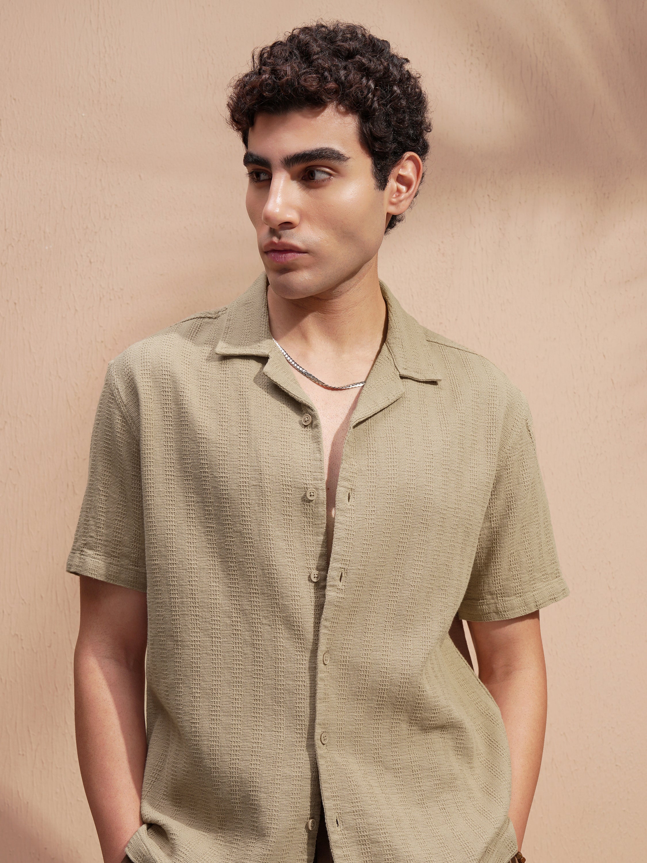 Highlander Men Khaki Self Design Relaxed Fit Casual Shirt - Khaki - Image 1