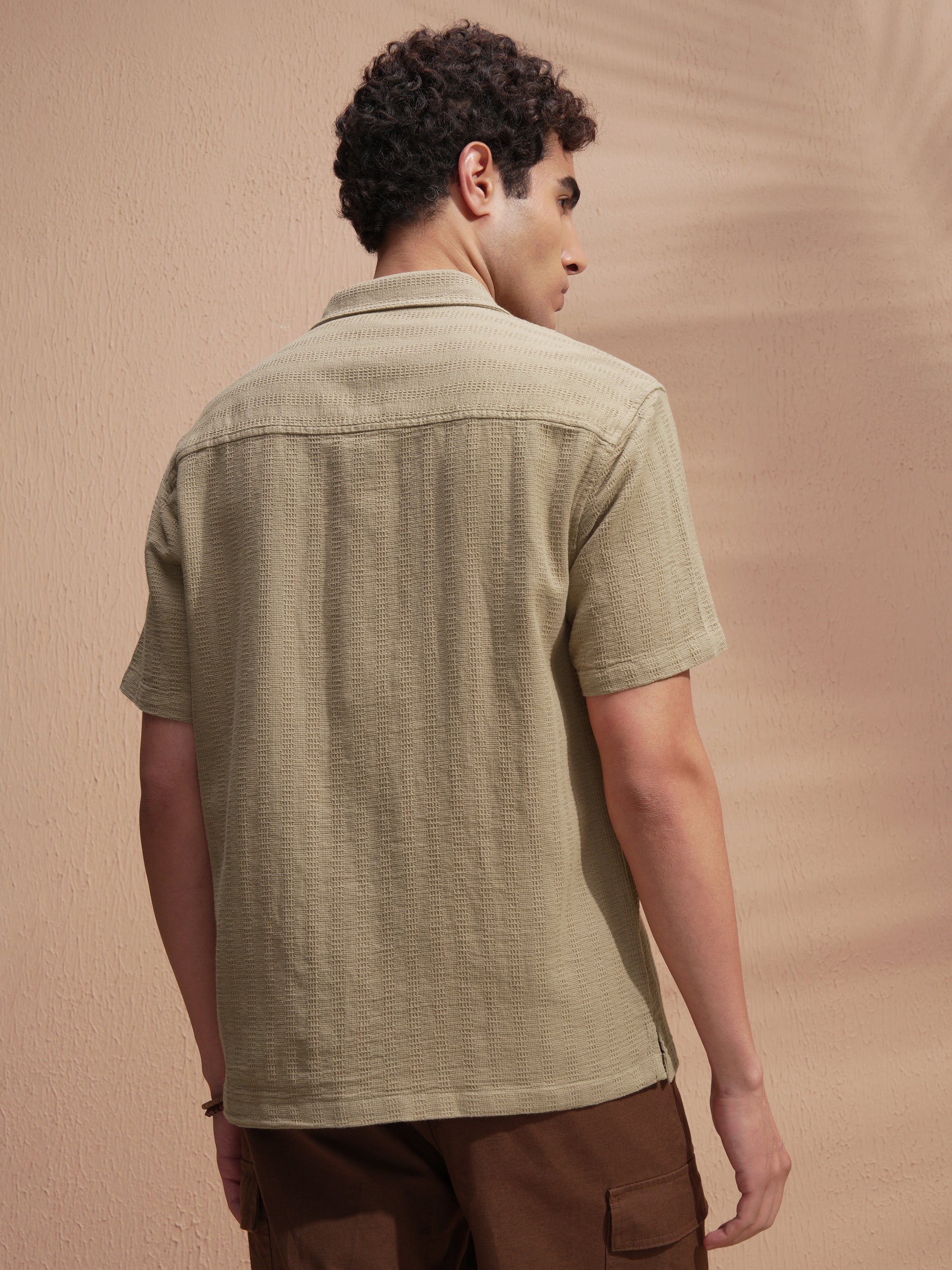 Highlander Men Khaki Self Design Relaxed Fit Casual Shirt - Khaki - Image 3