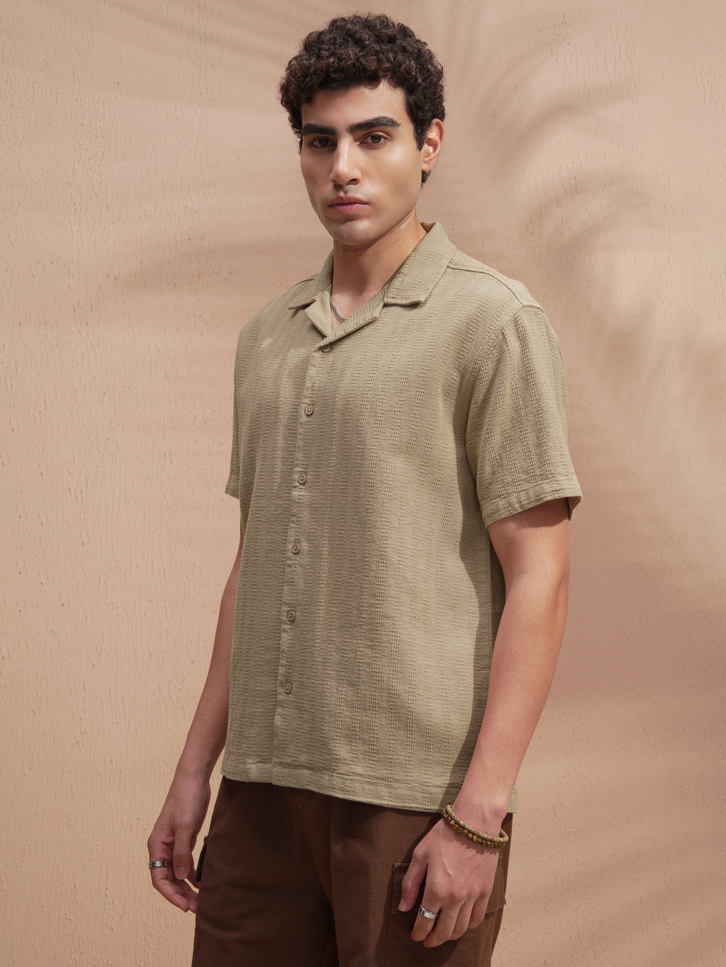Highlander Men Khaki Self Design Relaxed Fit Casual Shirt - Khaki - Image 4