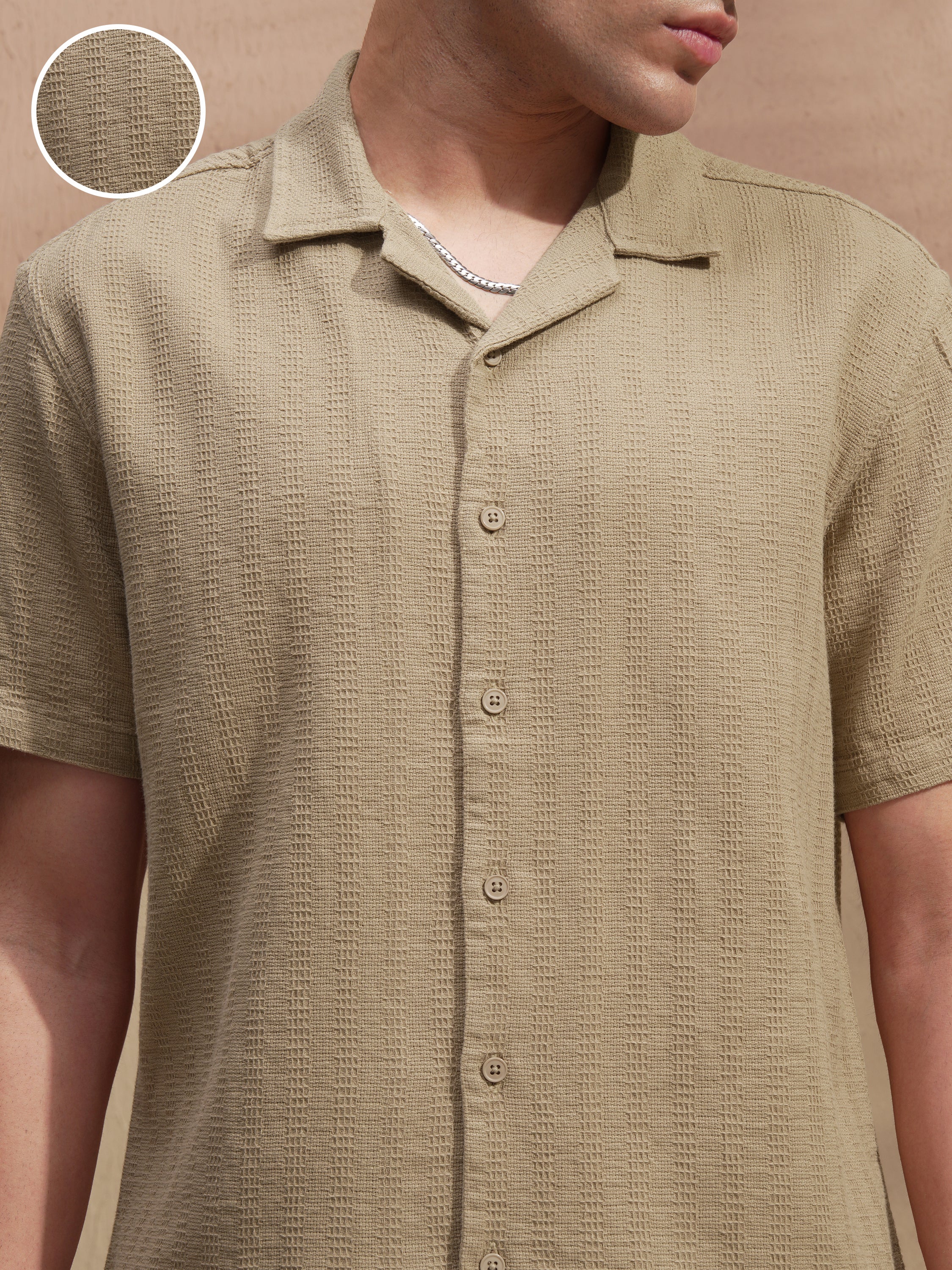 Highlander Men Khaki Self Design Relaxed Fit Casual Shirt - Khaki - Image 5