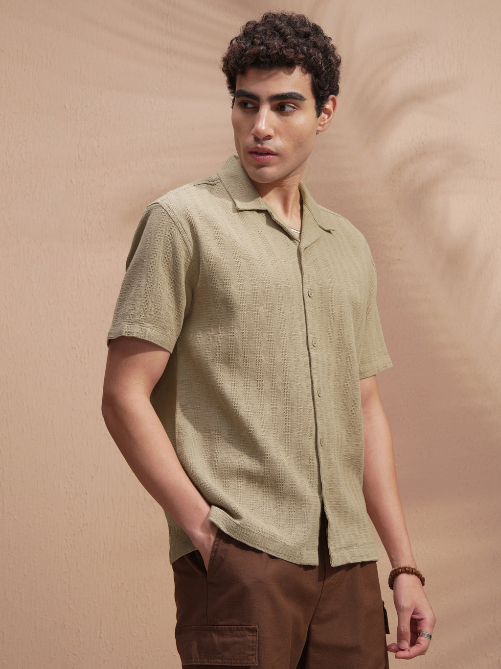 Highlander Men Khaki Self Design Relaxed Fit Casual Shirt - Khaki - Image 6