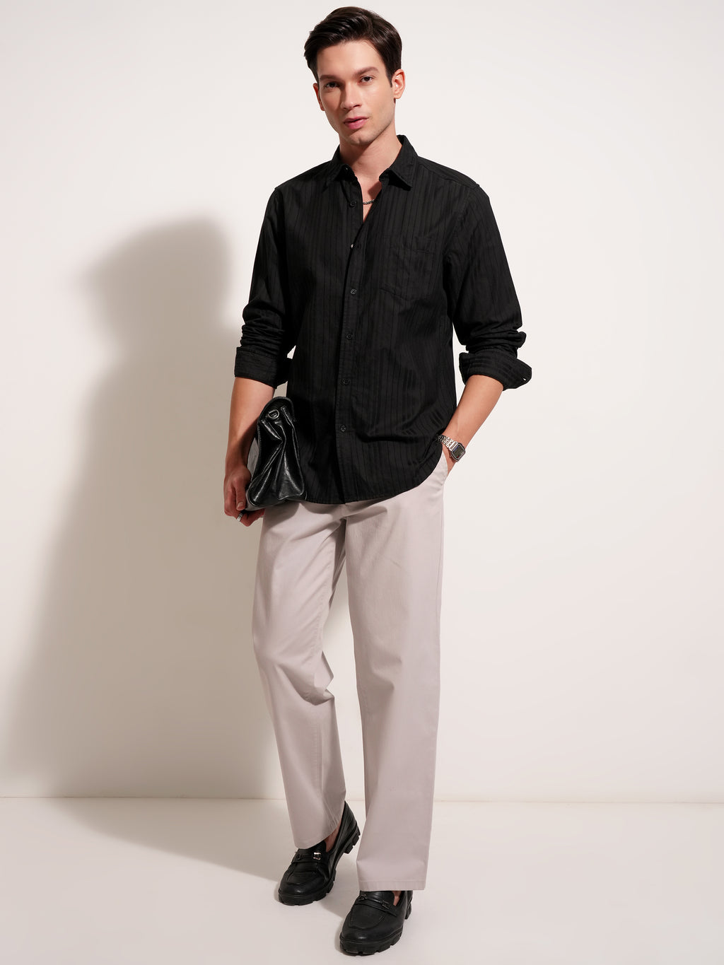 Highlander Men Black Striped Slim Fit Casual Shirt - Black - Image 2