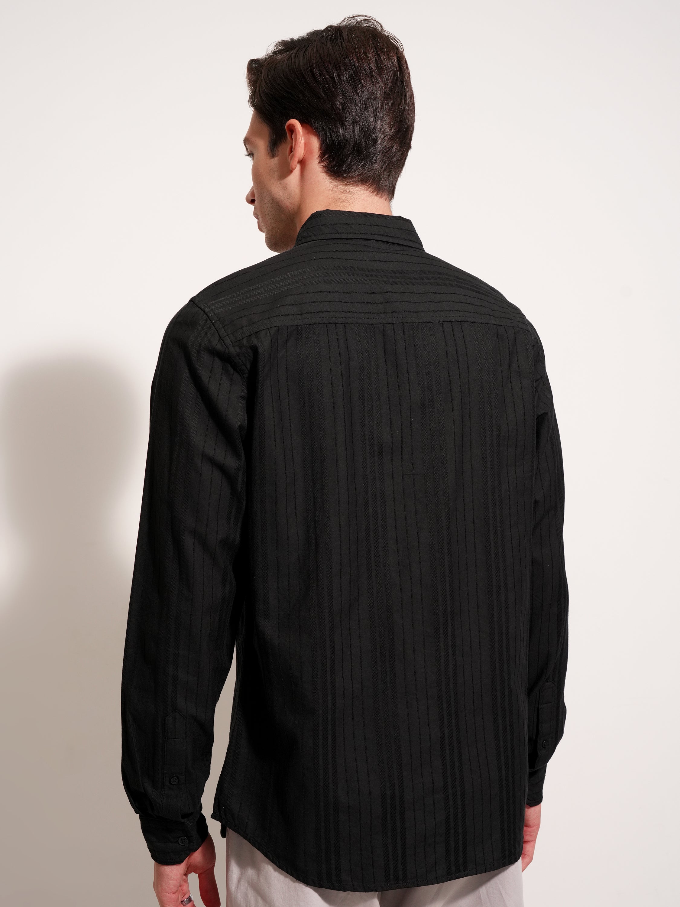 Highlander Men Black Striped Slim Fit Casual Shirt - Black - Image 3