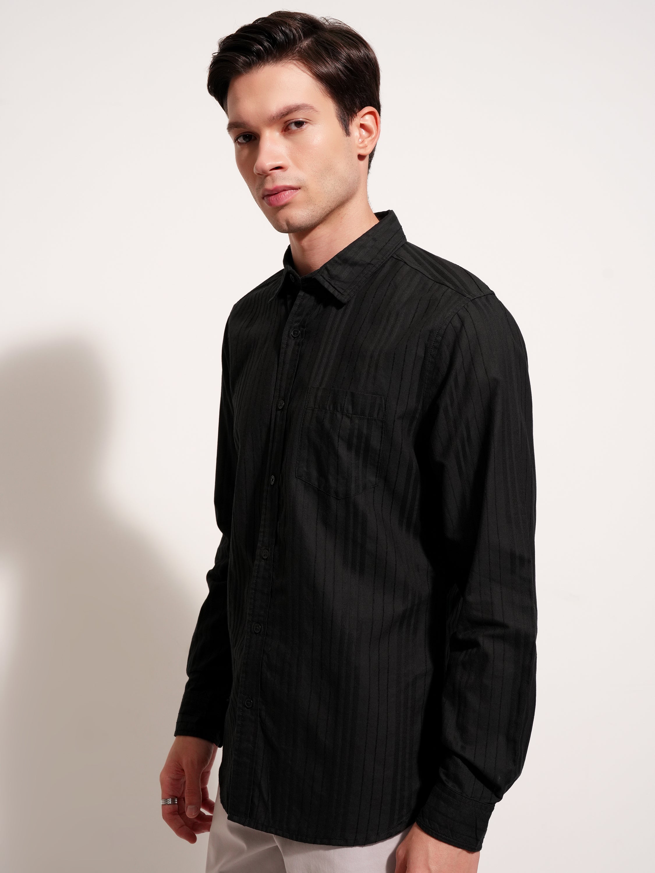 Highlander Men Black Striped Slim Fit Casual Shirt - Black - Image 4
