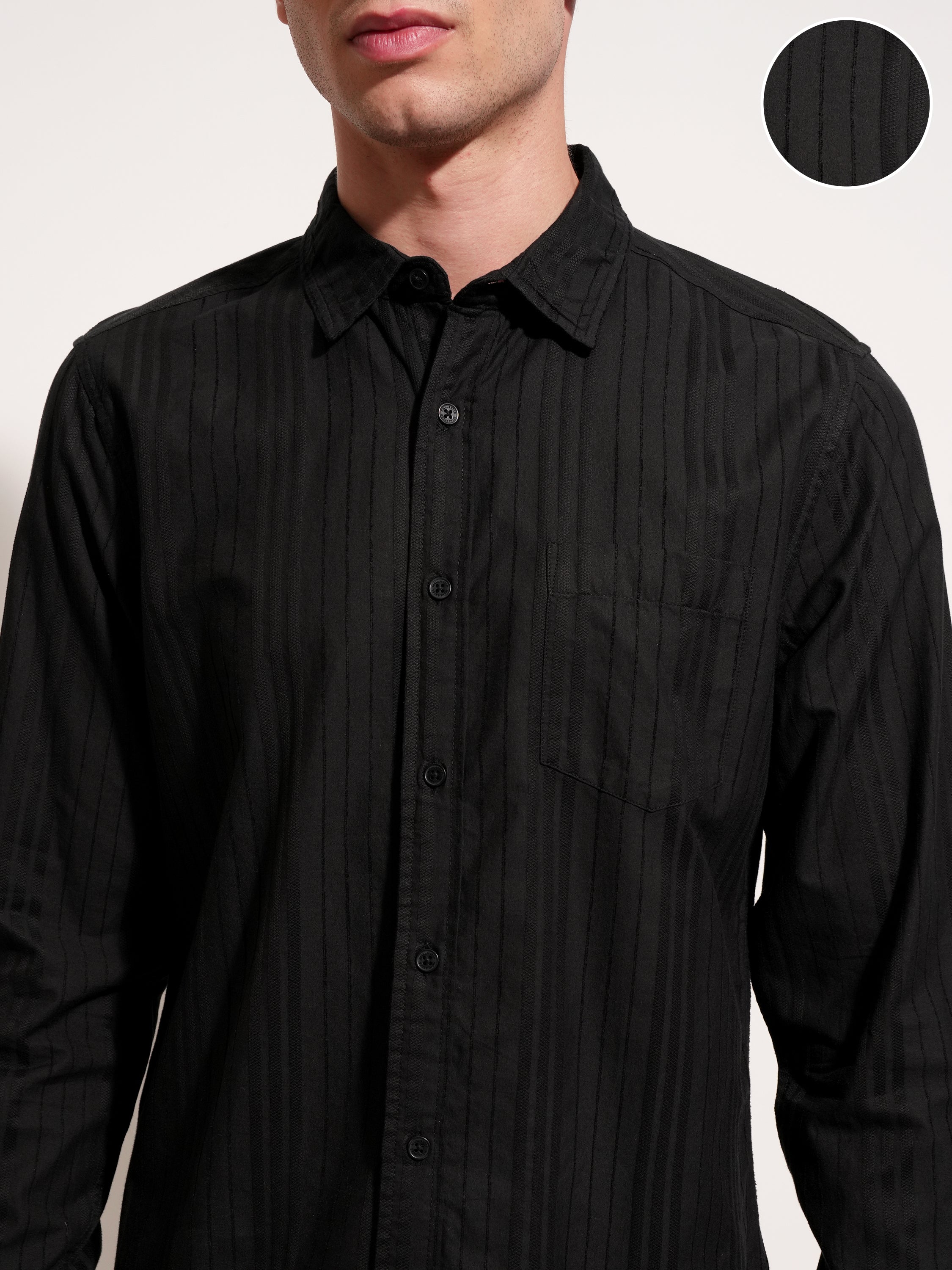 Highlander Men Black Striped Slim Fit Casual Shirt - Black - Image 5