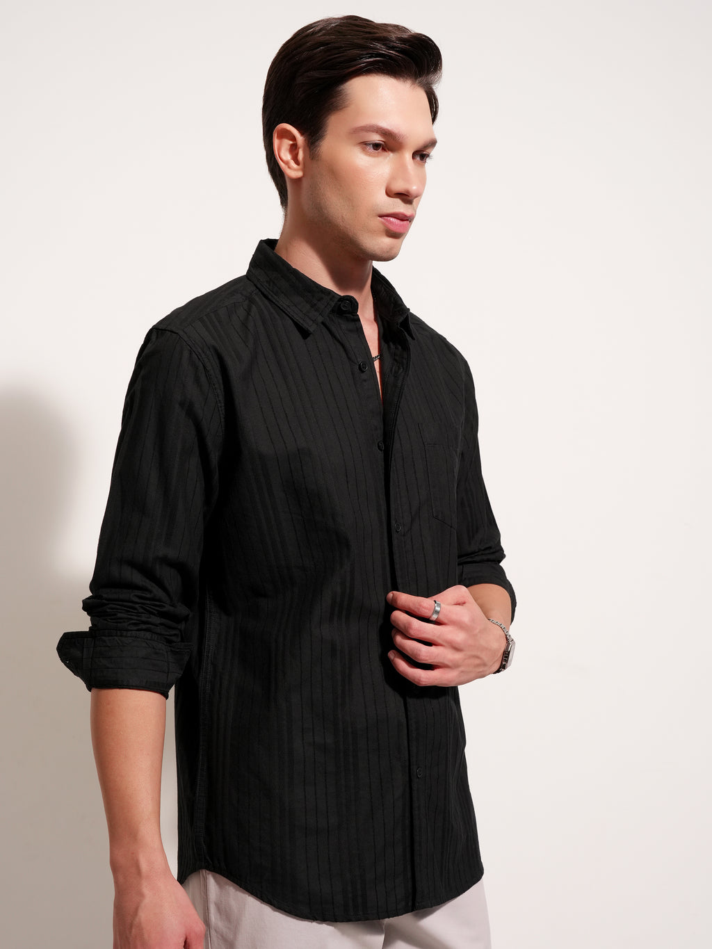 Highlander Men Black Striped Slim Fit Casual Shirt - Black - Image 6