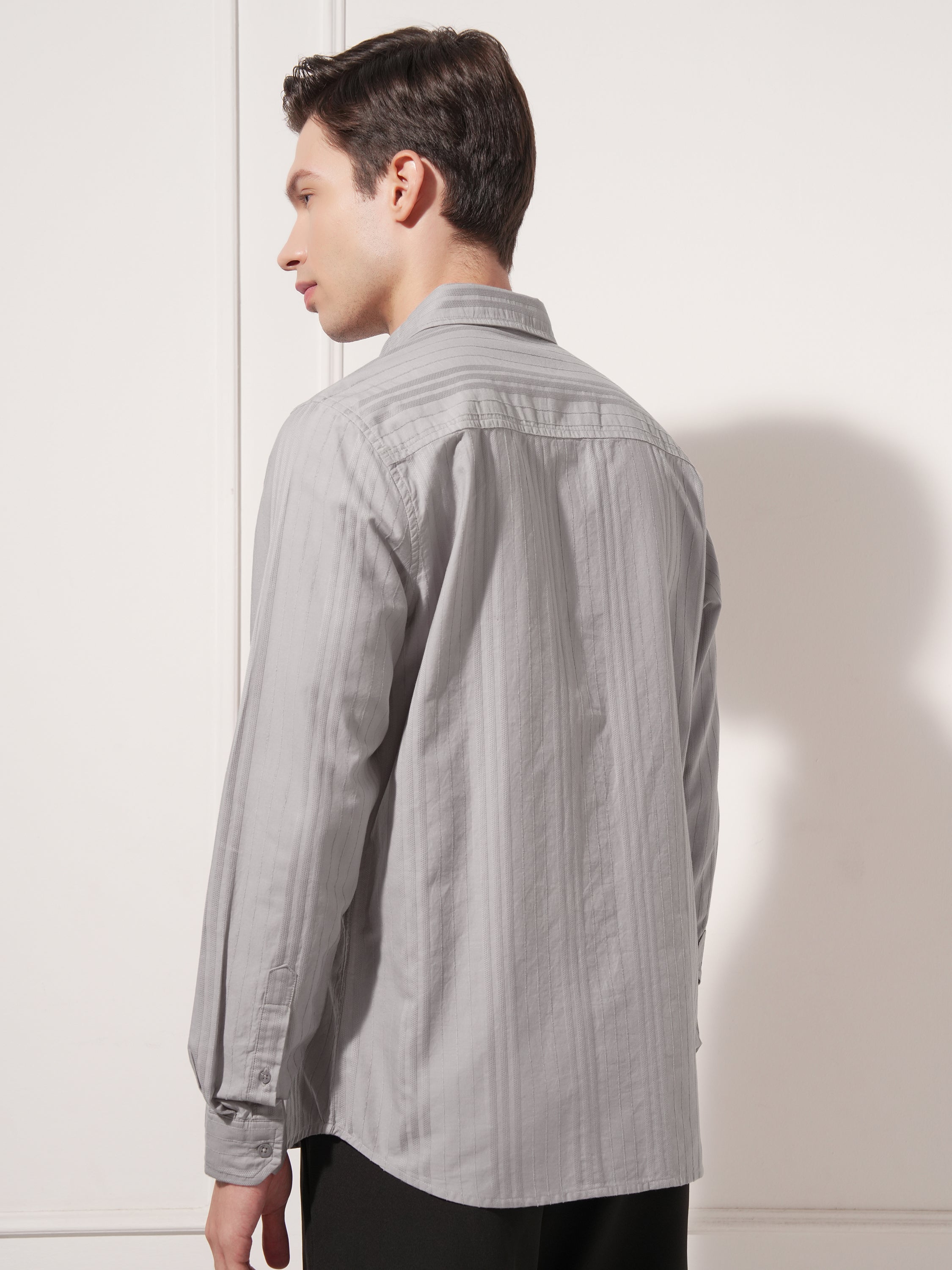 Highlander Men Grey Striped Slim Fit Casual Shirt - Grey - Image 3
