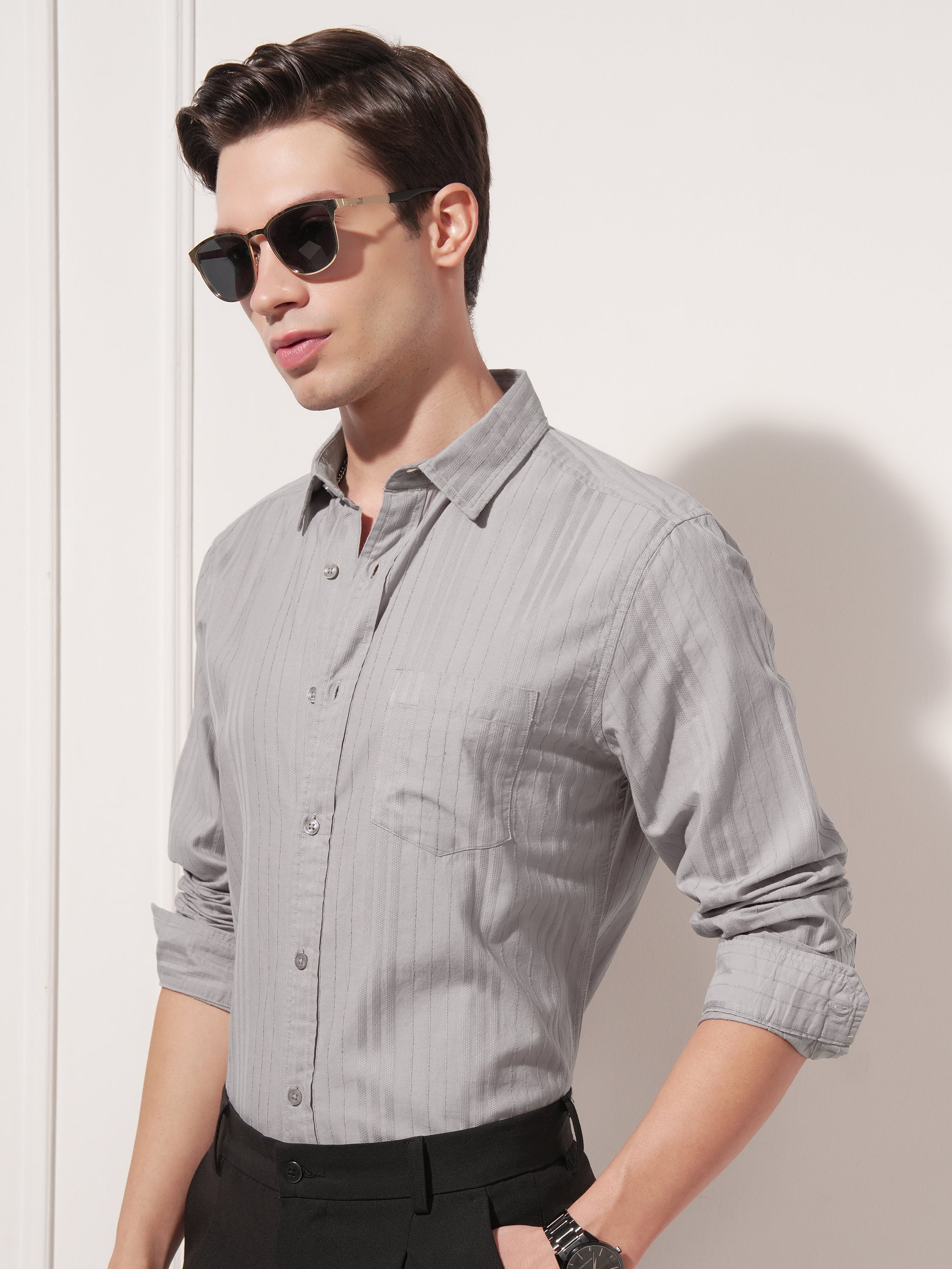 Highlander Men Grey Striped Slim Fit Casual Shirt - Grey - Image 4