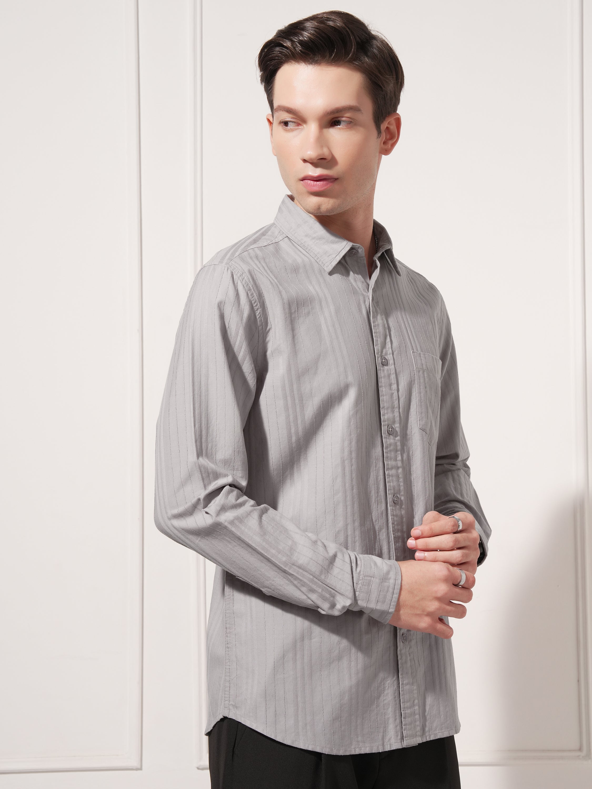 Highlander Men Grey Striped Slim Fit Casual Shirt - Grey - Image 6