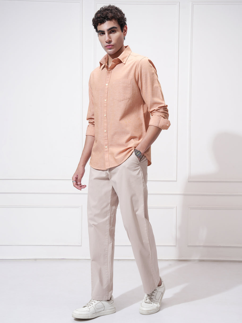 Highlander Men Orange Self Design Slim Fit Casual Shirt - Orange - Image 2