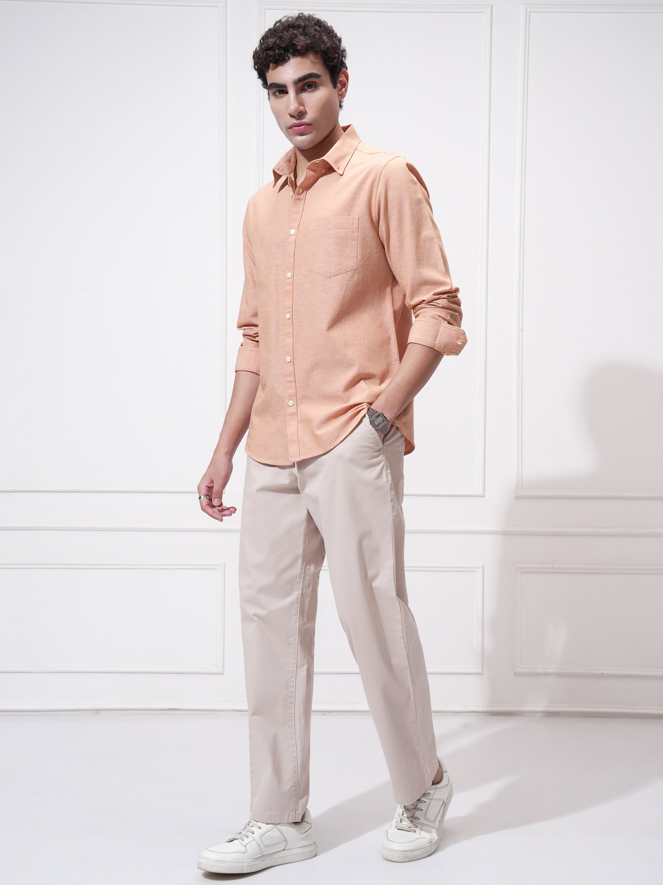 Highlander Men Orange Self Design Slim Fit Casual Shirt - Orange - Image 2