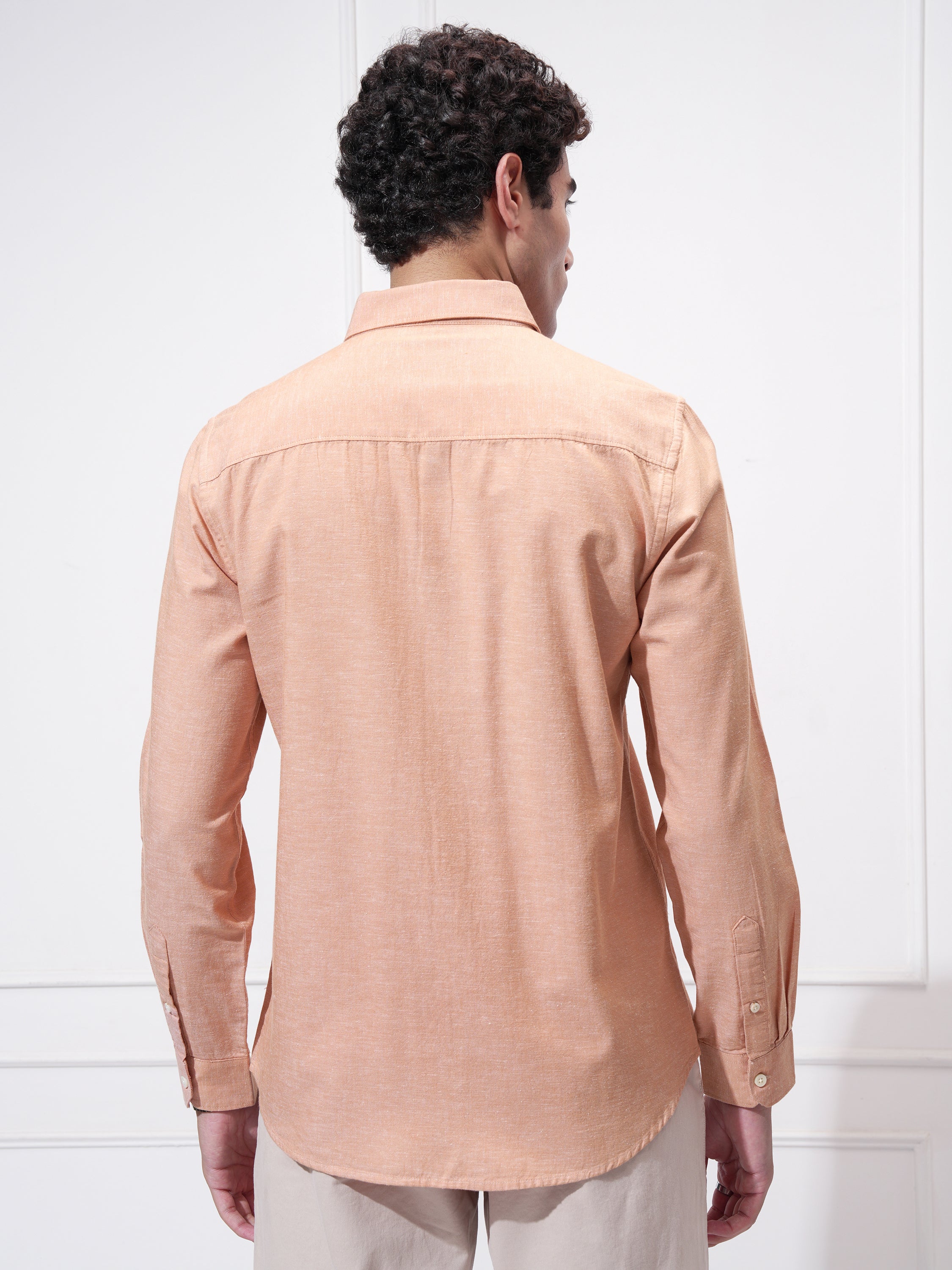 Highlander Men Orange Self Design Slim Fit Casual Shirt - Orange - Image 3