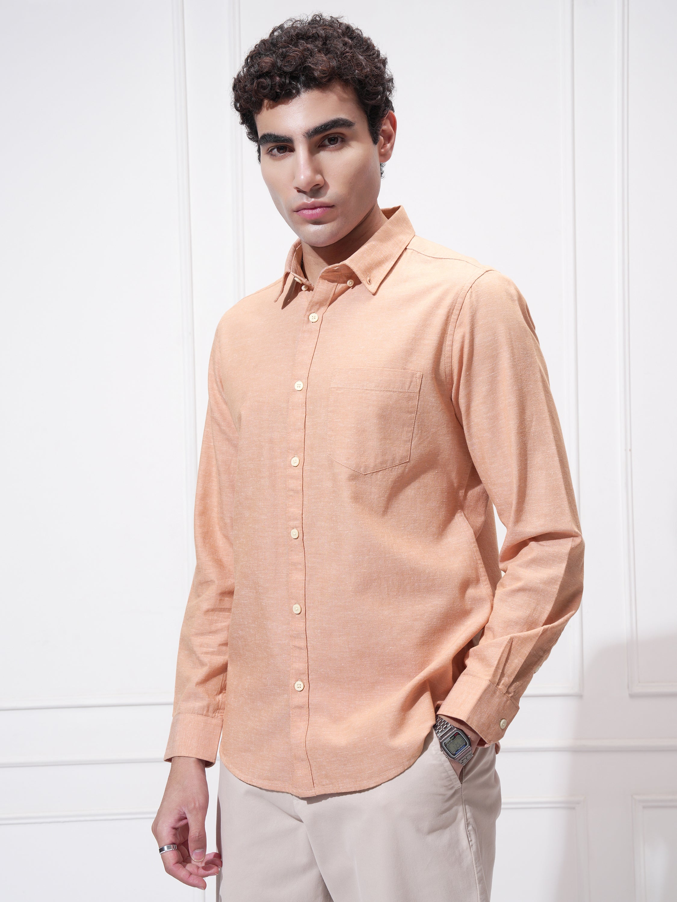 Highlander Men Orange Self Design Slim Fit Casual Shirt - Orange - Image 4