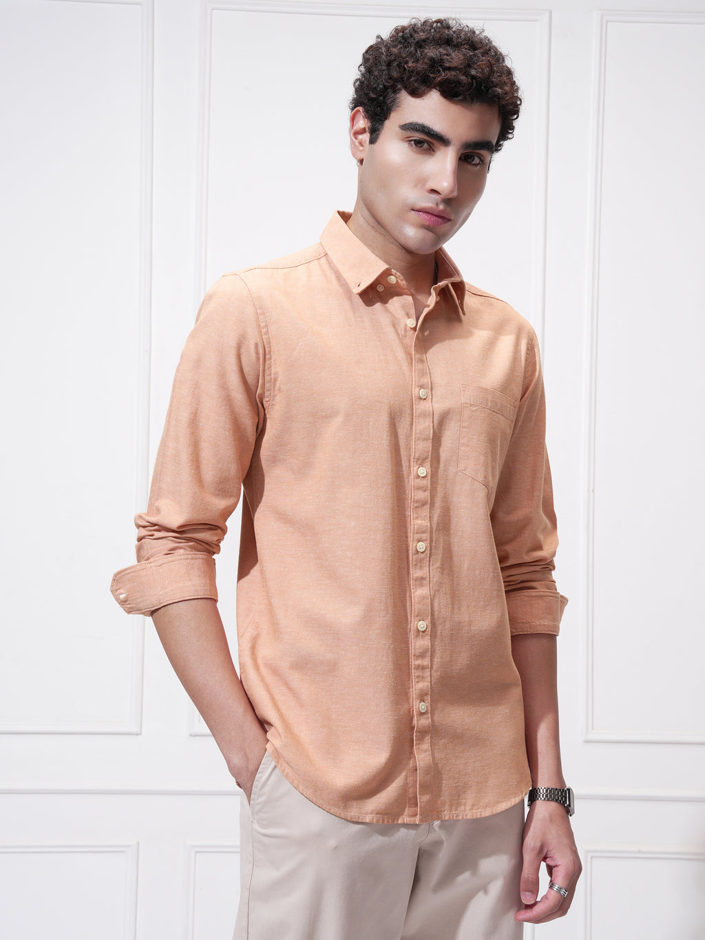 Highlander Men Orange Self Design Slim Fit Casual Shirt - Orange - Image 6