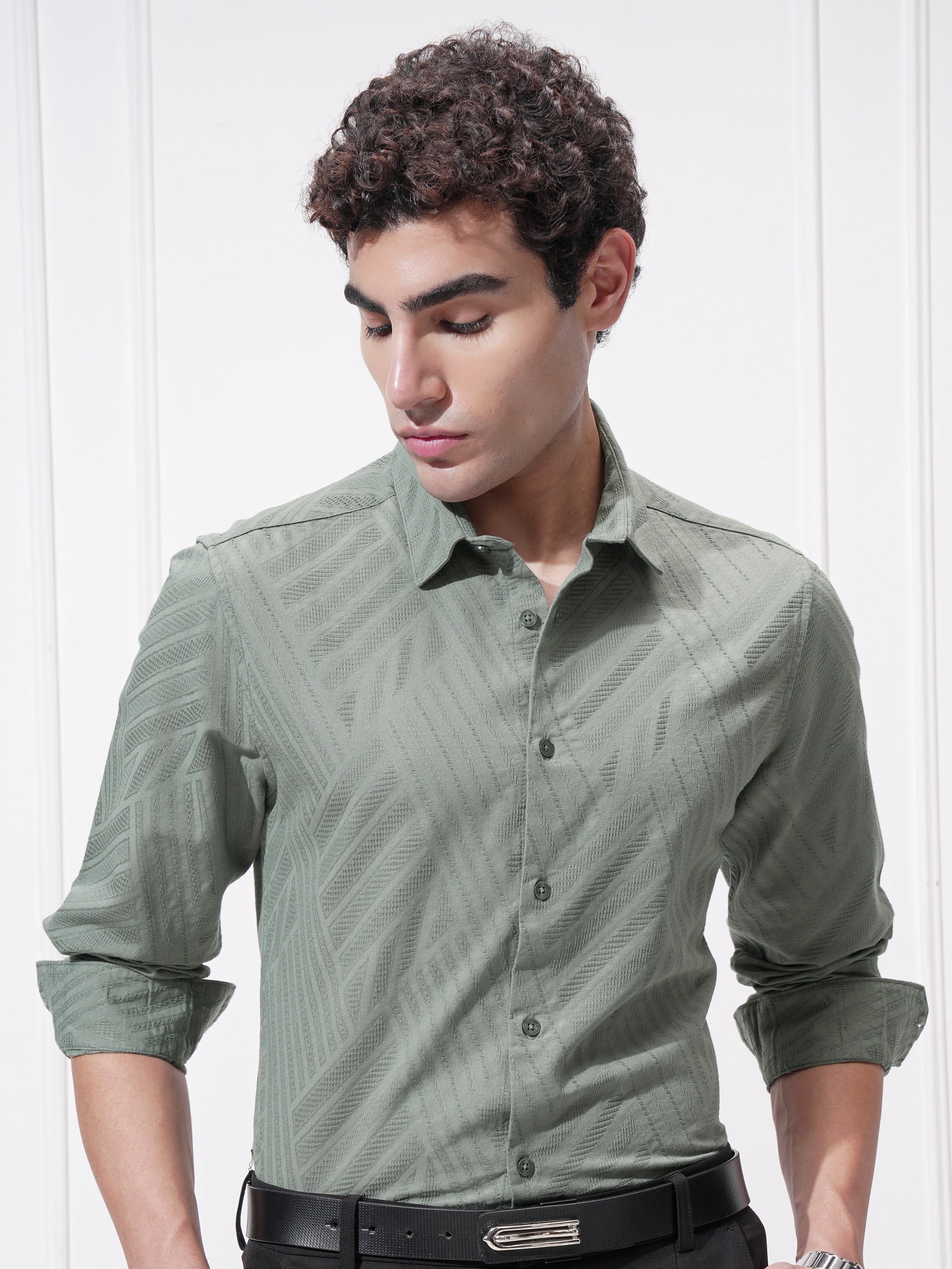 Highlander Men Green Self Design Slim Fit Casual Shirt - Green - Image 1
