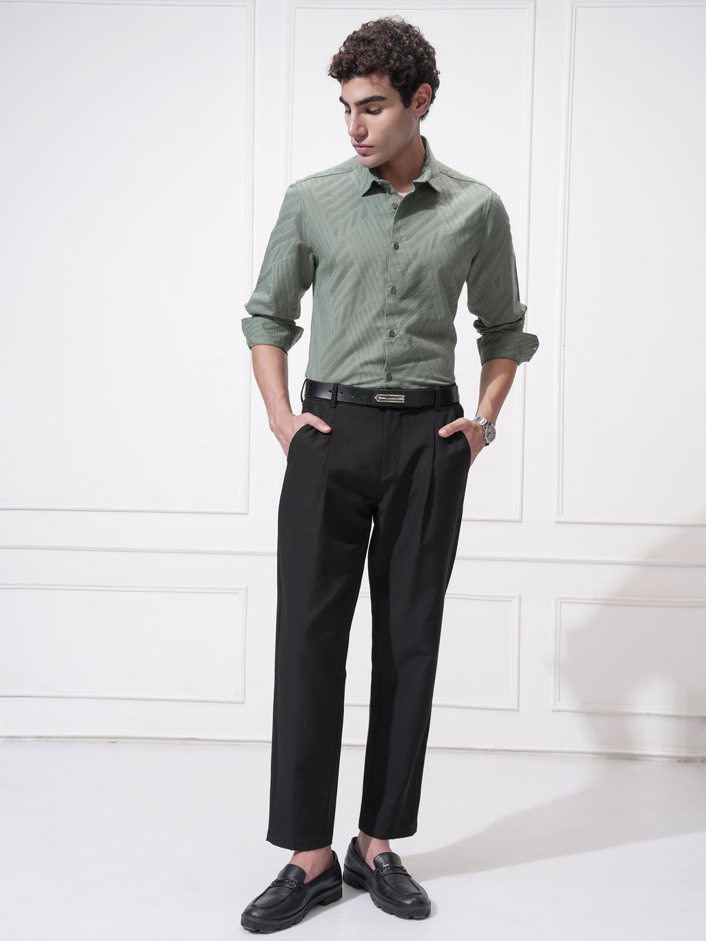 Highlander Men Green Self Design Slim Fit Casual Shirt - Green - Image 2