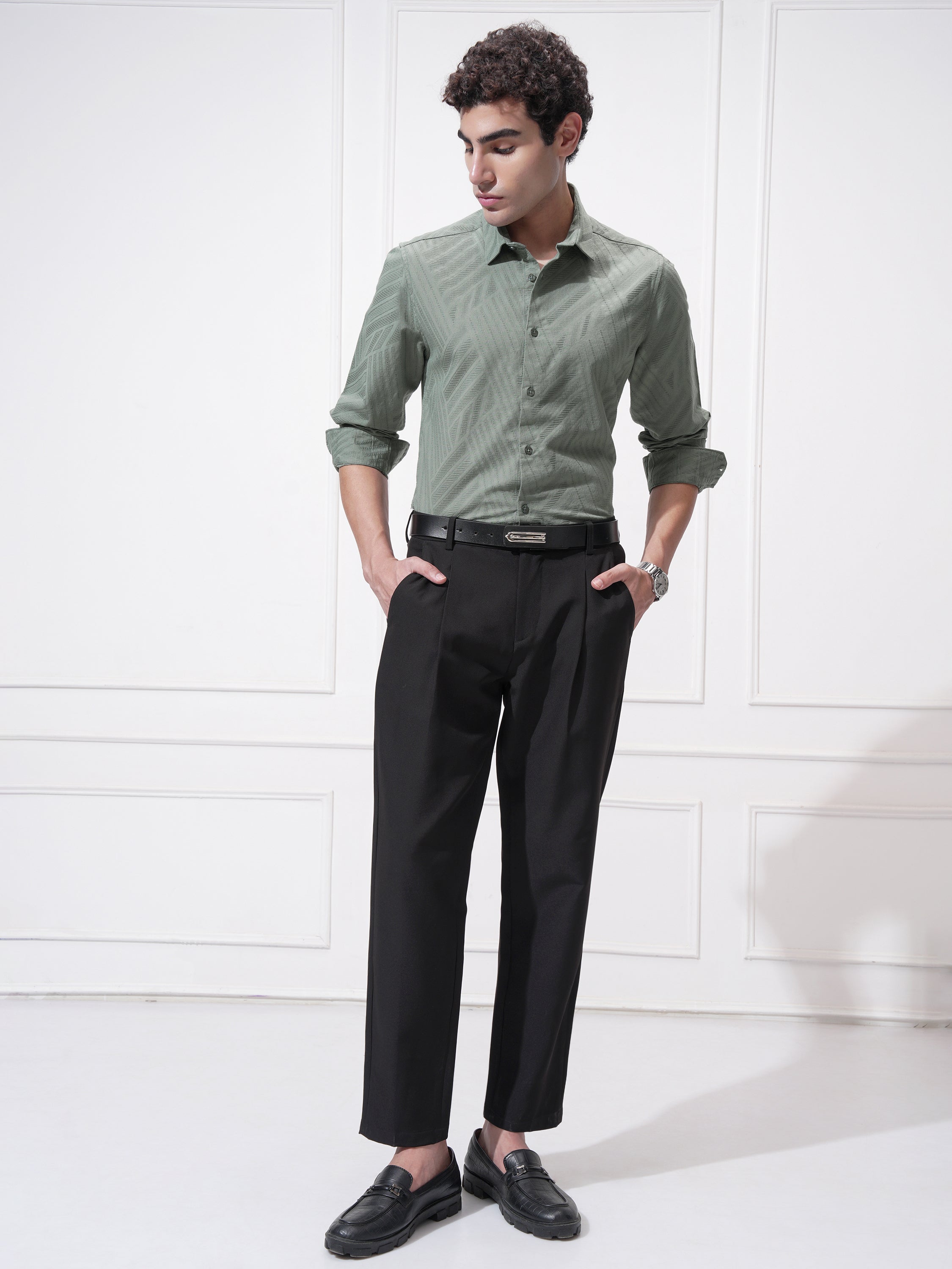 Highlander Men Green Self Design Slim Fit Casual Shirt - Green - Image 2